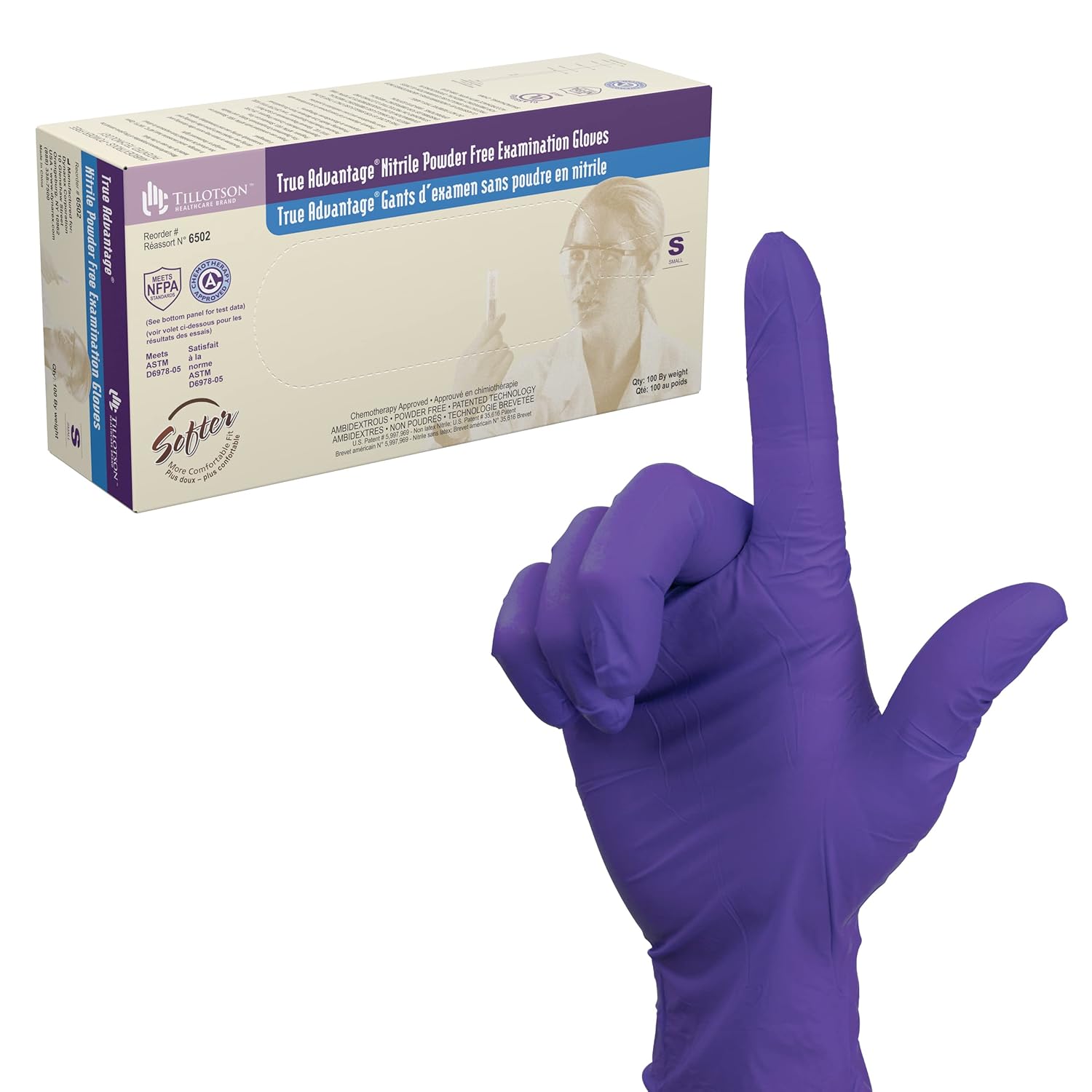 Dynarex True Advantage Nitrile Exam Gloves, Chemo Approved, Powder-Free & Latex-Free, Comfortable Fit with Best Protection, Purple, 1 Box of 100 Gloves (Small)