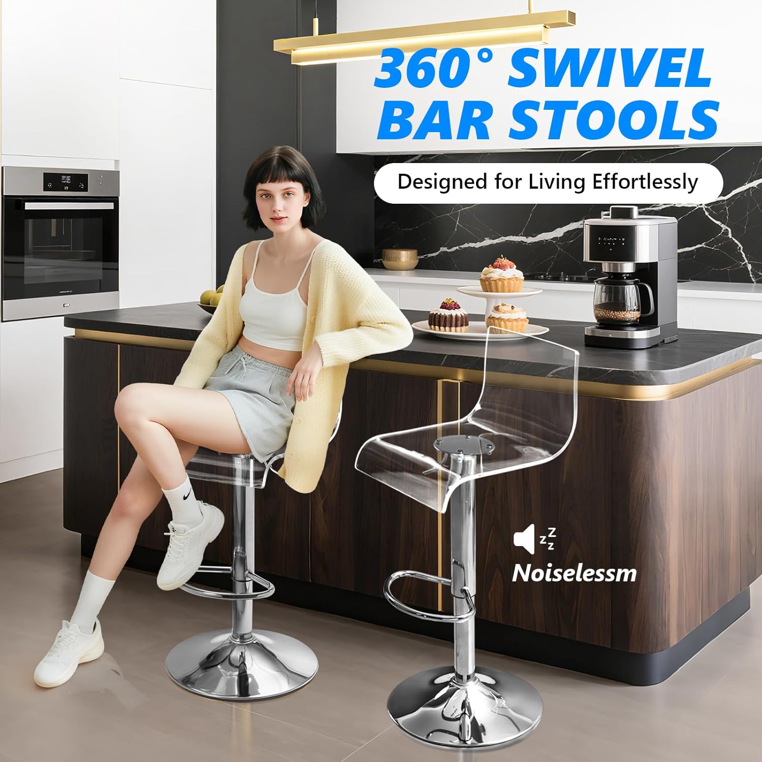 Acrylic Bar Stools Clear Modern Counter Height Stools with Backrest for Kitchen Island Bar Restaurant Stylish Transparent Plastic Material Swivel Seat Adjustable Comfort (Silver)