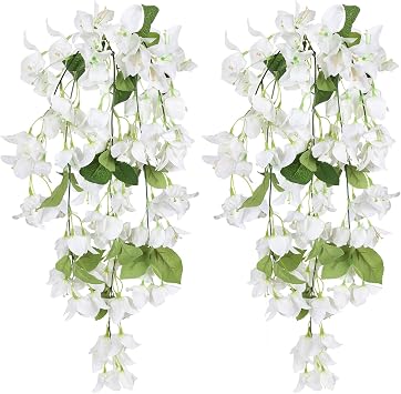 IPOPU Artificial Bougainvillea Hanging Flowers 2PCS UV Resistant Fake Silk Bougainvillea Plant Vine Faux Flowers for Garden Yard Porch Patio Wedding Wall Home Outdoor Decor White