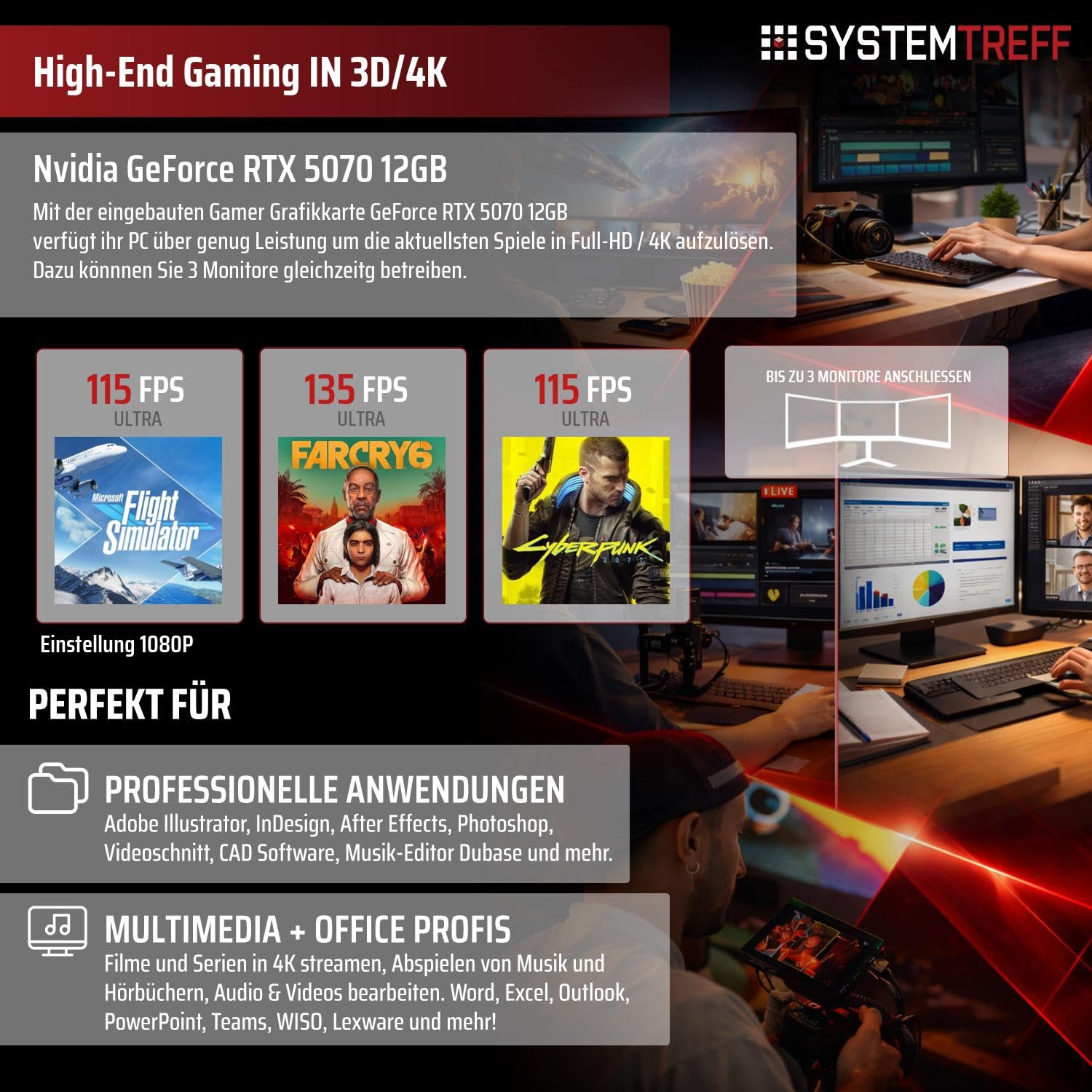 SYSTEMTREFF High-End Gaming PC AMD Ryzen 7 7800X3D 8x5GHz | Nvidia RTX 5070 12GB DX12 | 1TB M.2 NVMe | 32GB DDR5 RAM | Windows 11 | WLAN Desktop Computer Rechner für Gamer, Zocker & Streamer