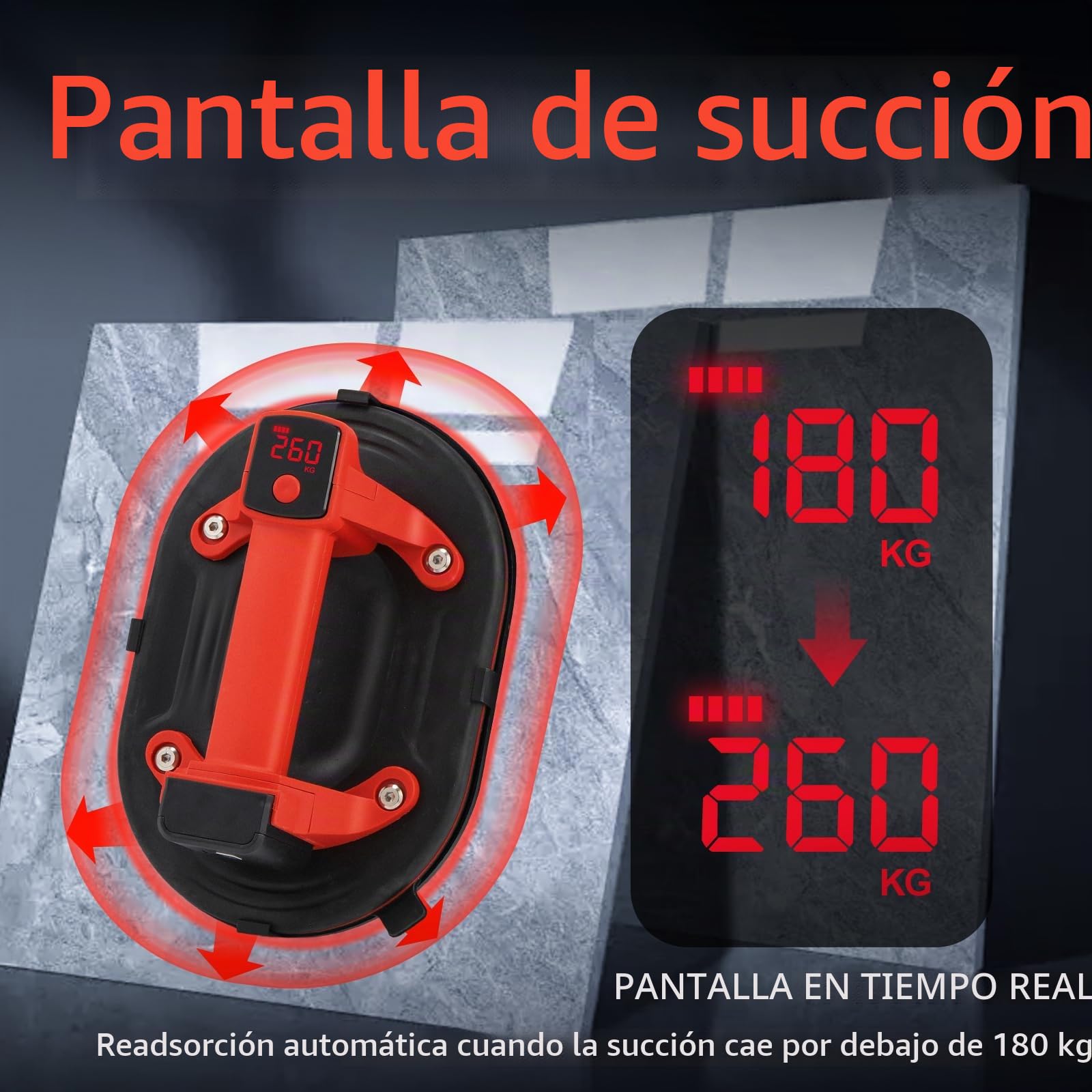 Bonvoisin Ventosa para Azulejos Eléctrica, Capacidad de Carga 260kg/573lbs, Batería de Litio 3000mAh, Gran Área de Succión, Indicador de Nivel de Batería, para Azulejos/Vidrio/Mármol/Acero (EU)