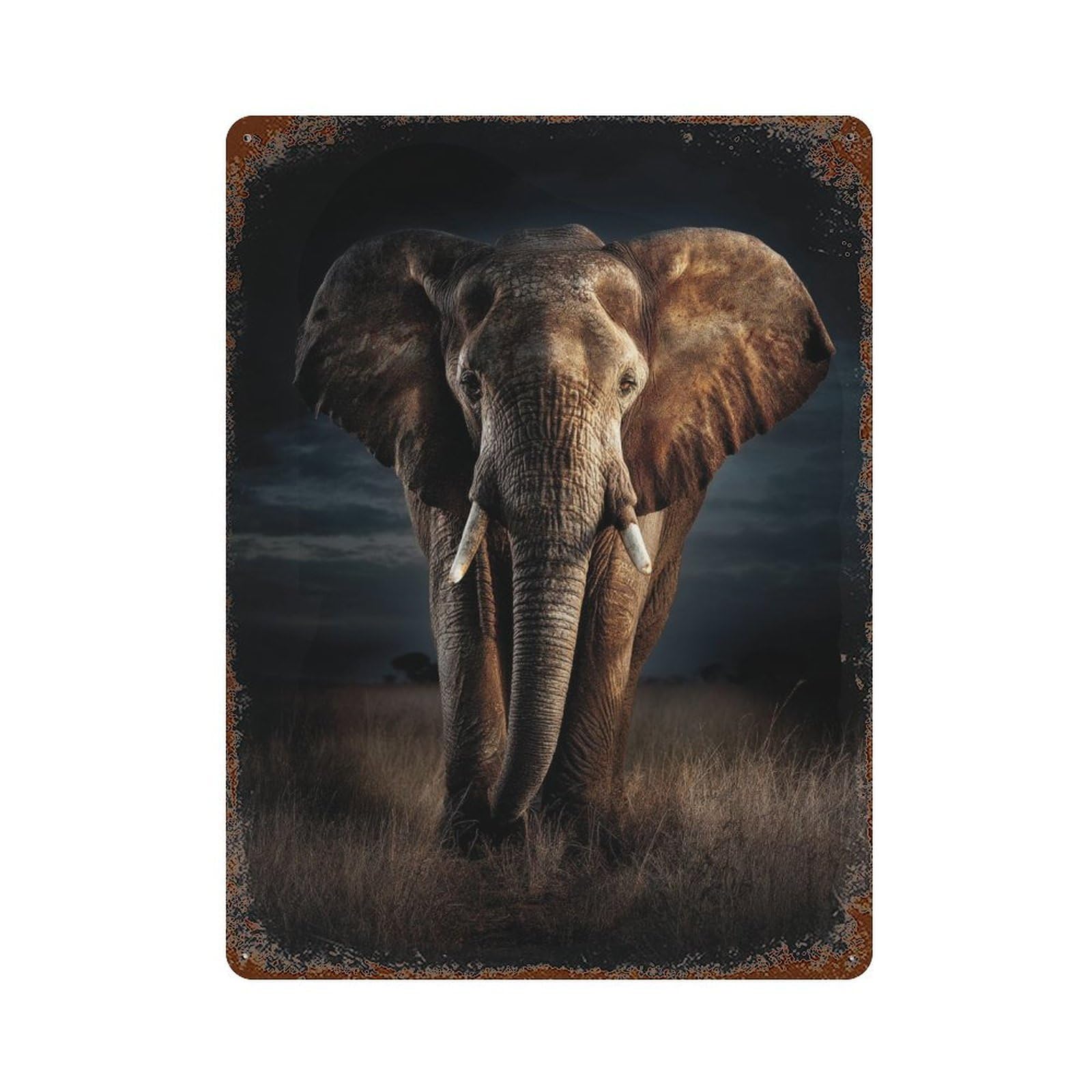 African Elephant in Grassland 15.7"x11.8" Vintage Rust Metal Sign, Decorative Metal Wall Art for Bistro, Counter And Cafe Decor