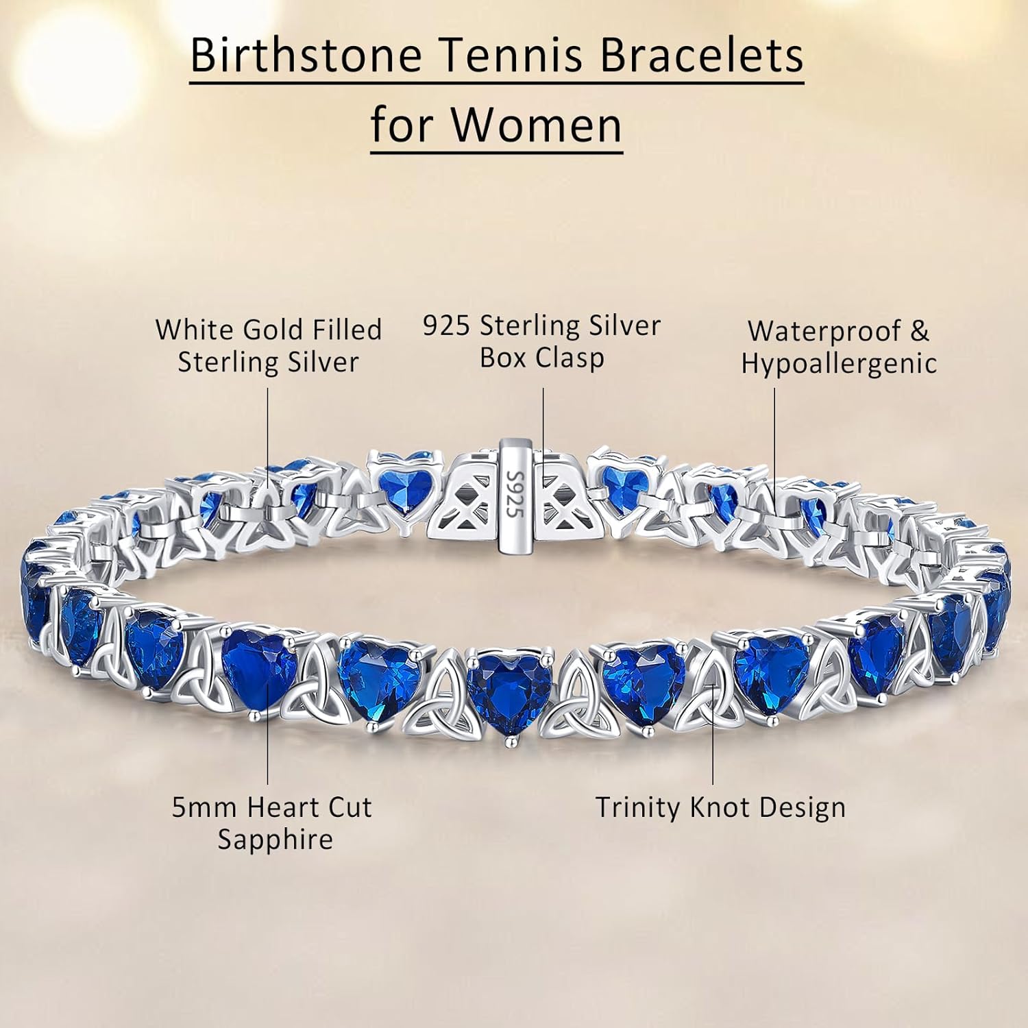 Birthstone Tennis Bracelets for Women, 925 Sterling Silver Heart Shaped Celtic Trinity Knot, 7 Inch Charm Trendy Hypoallergenic Anniversary Birthday Gifts for Her - Image 3