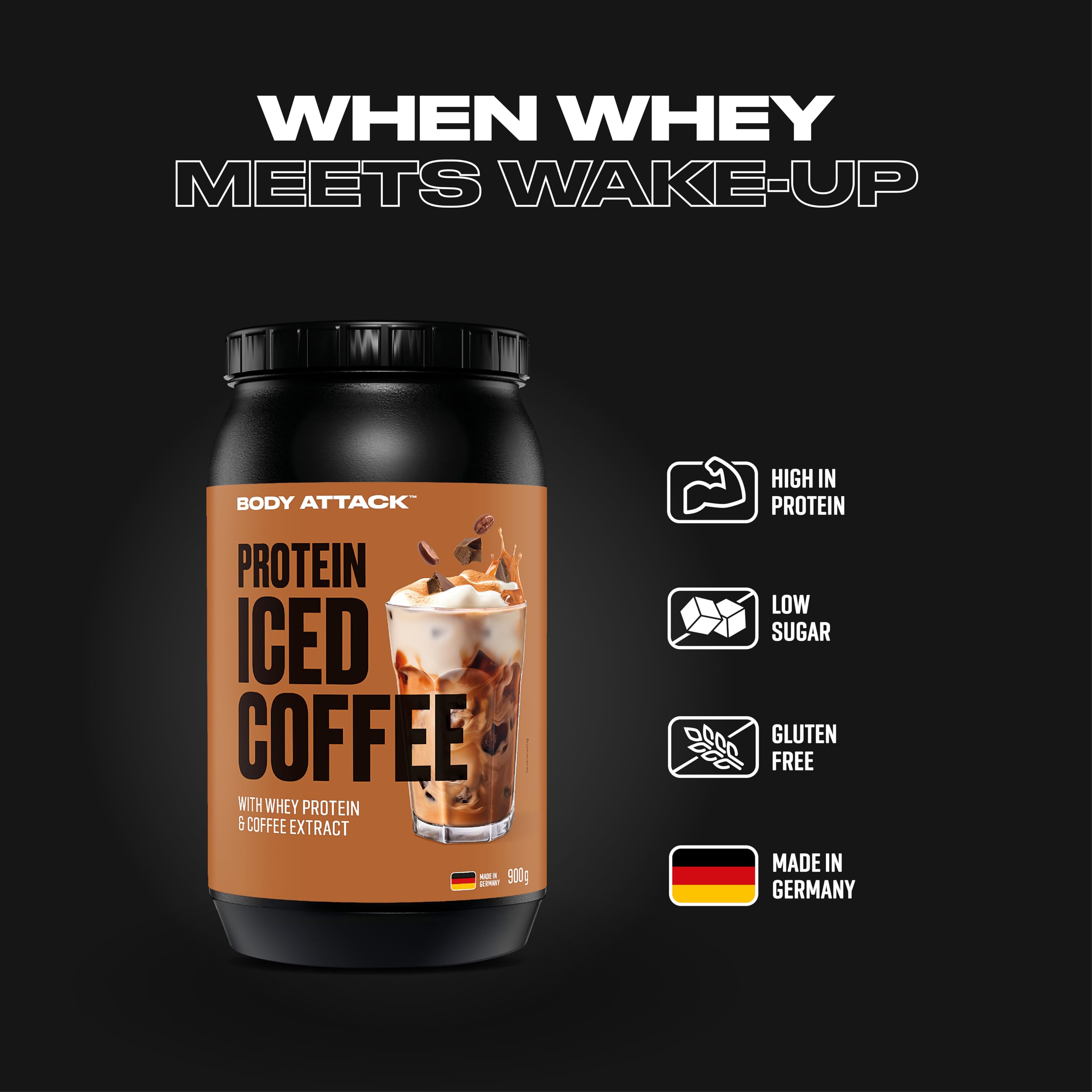 Body Attack Protein Iced Coffee Hazelnut Macchiato, 900 g - Whey Protein Pulver mit Kaffee Extrakt - Erfrischender Proteinshake mit Instantkaffee und Kakao - Mit Koffein, Made in Germany