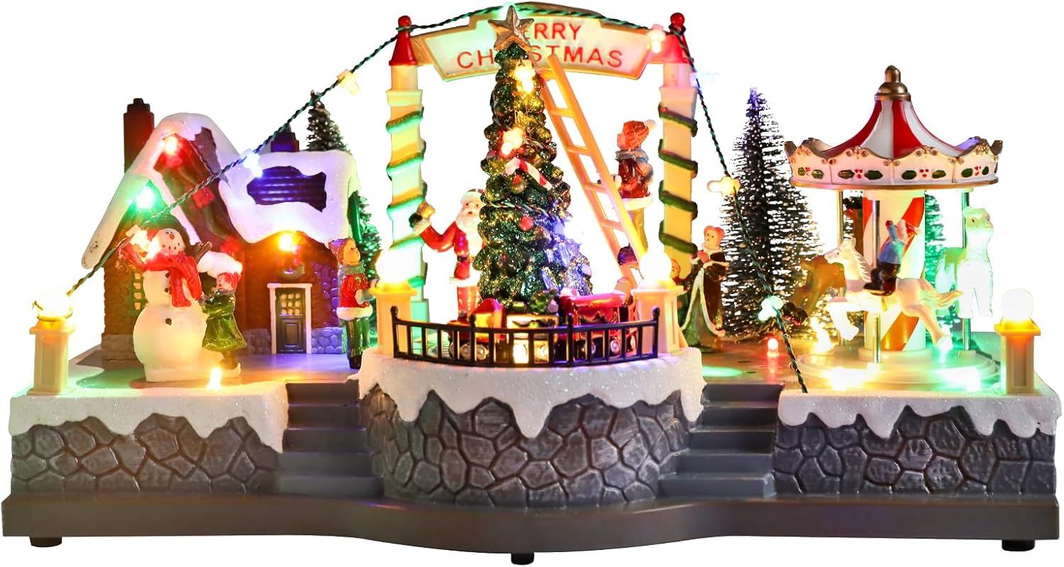 Christmas Village House 6.9 Inch Christmas Decorations Moving Train Carousel USB/3AA Batteries Holiday Snowman Music Village Indoor Lighted Figurines for Room Tabletop Decor