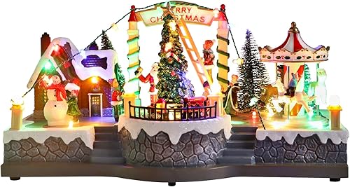 Miniatura 9 de Juego de pueblo de Navidad de 9 pulgadas, tren de árbol de Navidad animado en movimiento, baterías USB/3AA, casa de pueblo de música, decoración