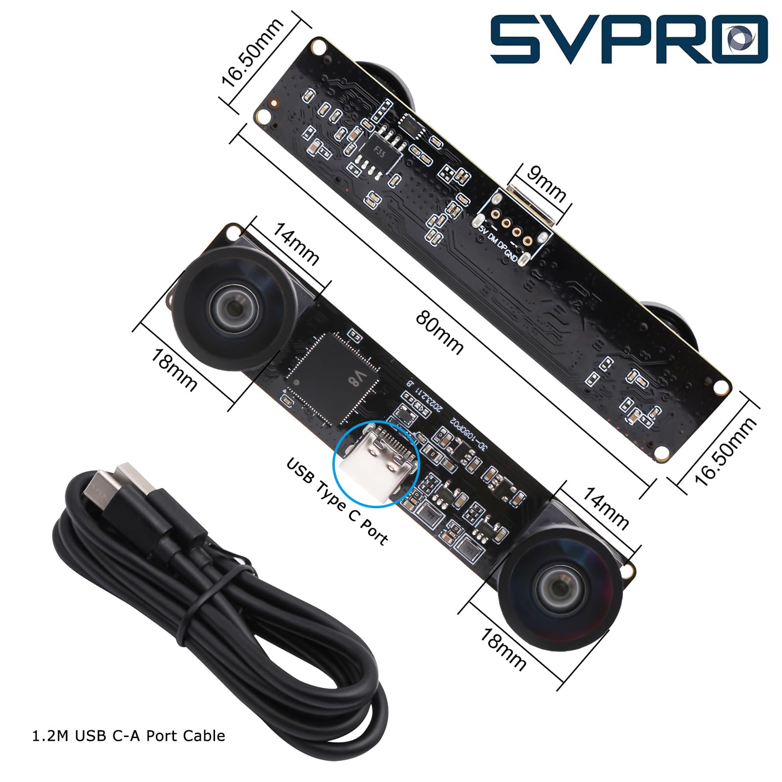 Svpro Module caméra USB Dual Lens 1080P 60fps UVC industriel carte de synchronisation d'enregistrement couleur avec double objectif M12, caméra grand angle sans distorsion pour 3D, VR,