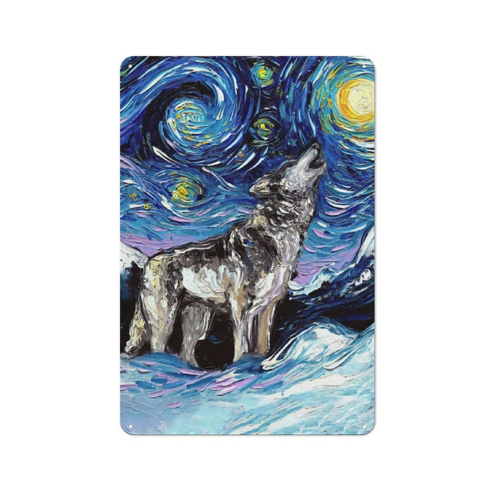 Junmoney Starry Night Wolf Vintage Metal Sign 30X20cm For Pub Or Café, For Collectors Of Vintage Metal Wall Decor