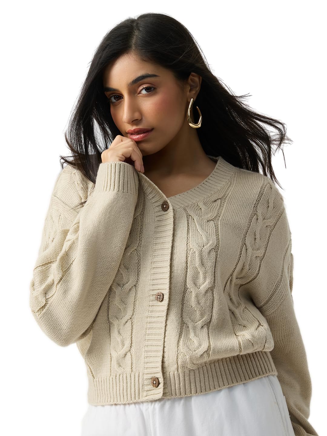 Farmhouse Women and Girls Full Sleeves V-Neck Beige Cable-Knit Embroidered Acrylic Oversized Fit Lightweight Casual Winter Sweater-image-5