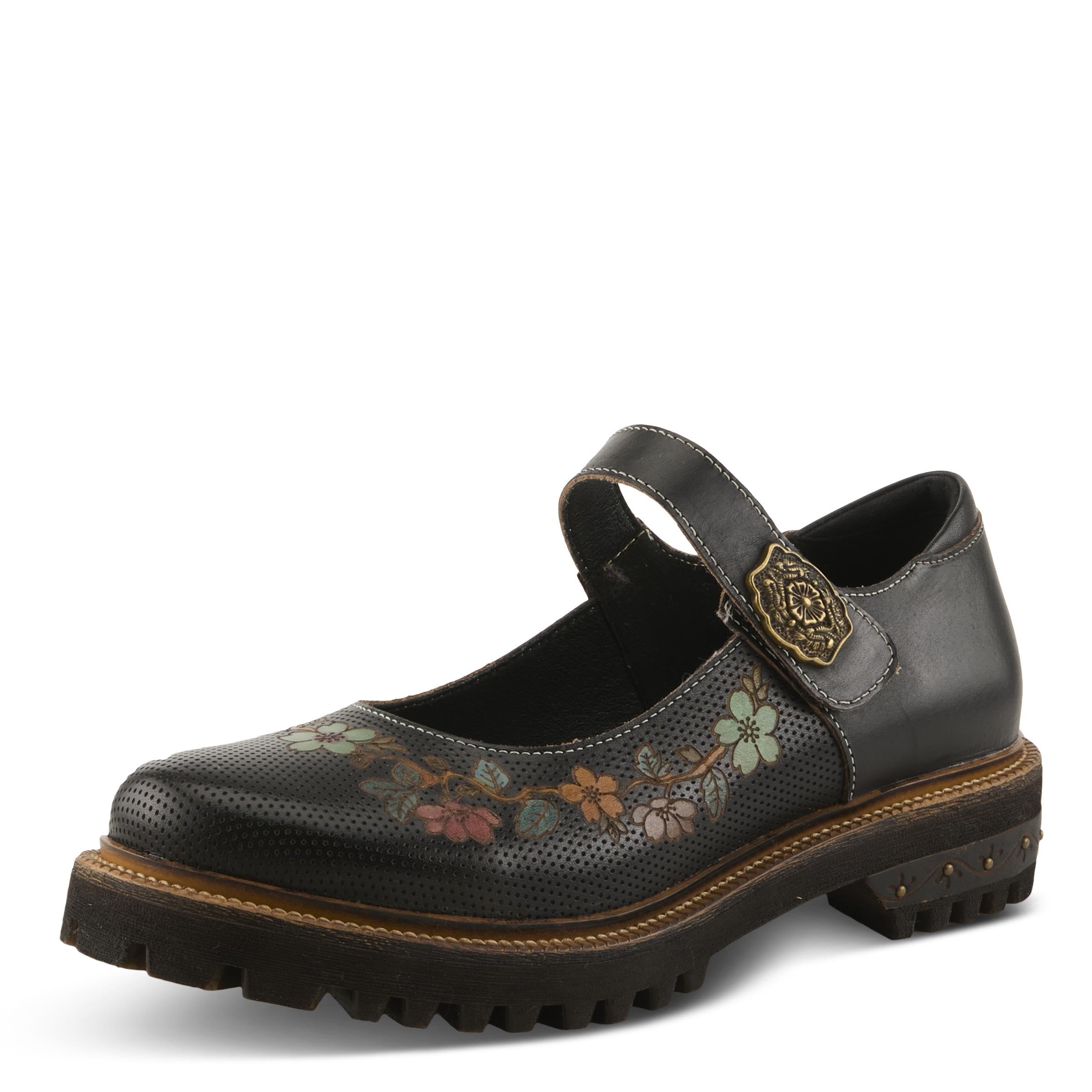 L'Artiste DANUELLA Hand-Painted Leather Mary Jane – Floral Boho Flat with Adjustable Strap & Lug Sole