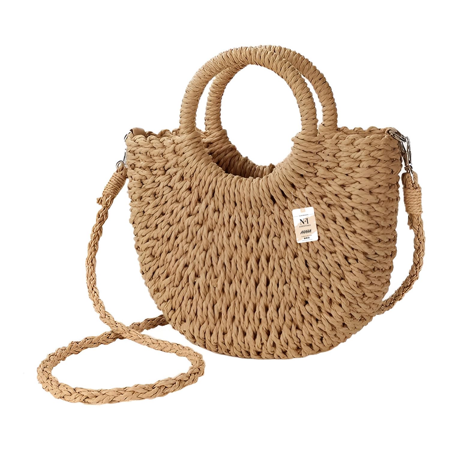 Straw Wicker Sling Bag for Womens, Small Beach Bag for Girls, Handmade Shoulder Purse for Ladies, Crossbody Handbag for Summer, Top Handle Tote Moon Bag-image-10