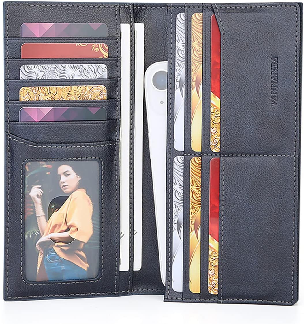 VANNANBA Mens Long Wallet Slim Full Grain Leather Checkbook Credit Card Organized Holder with Zip Coin Cash Slot