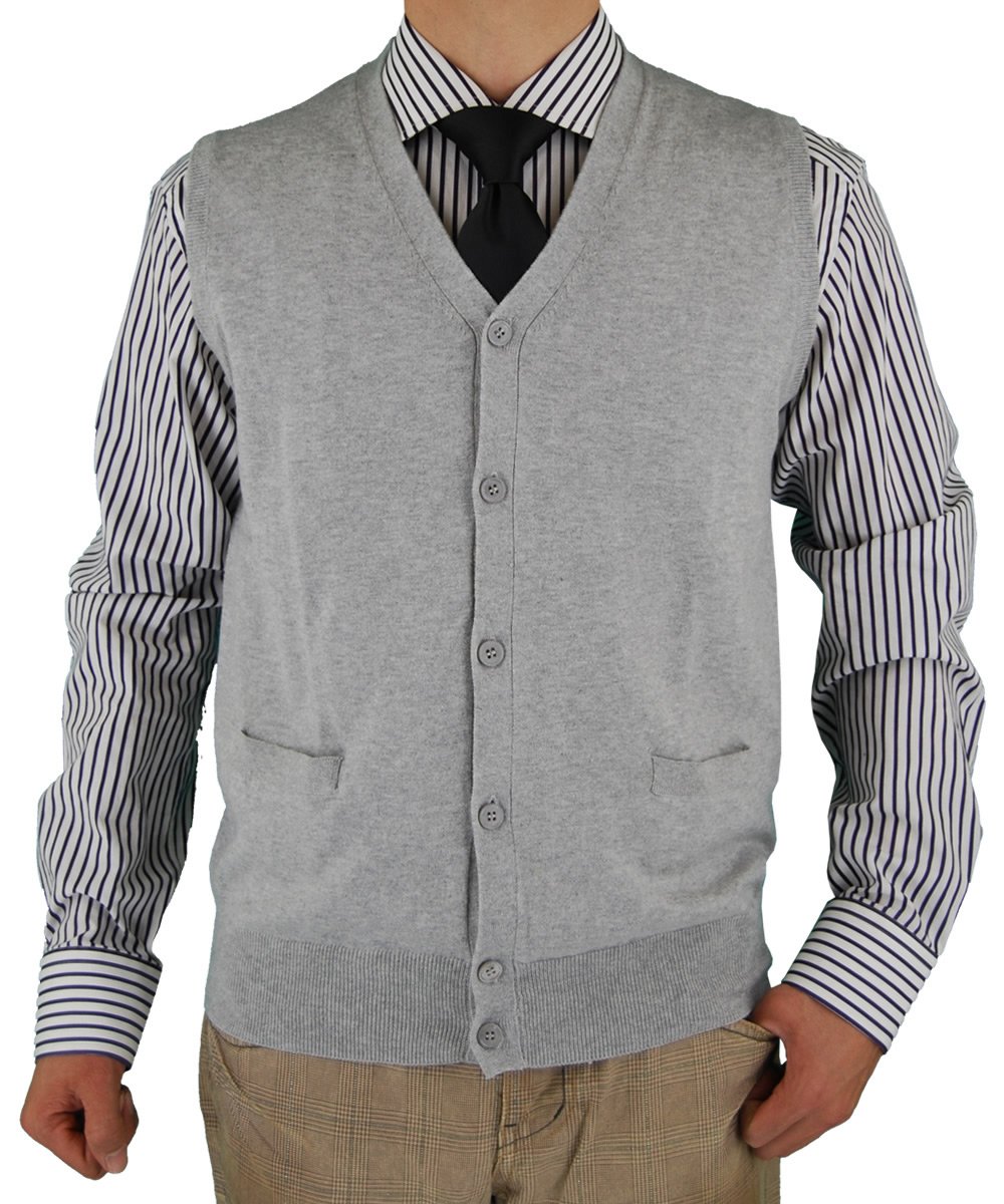 Luciano Natazzi Mens Sweater Vest V-Neck Front Button Lightweight Fine Cotton