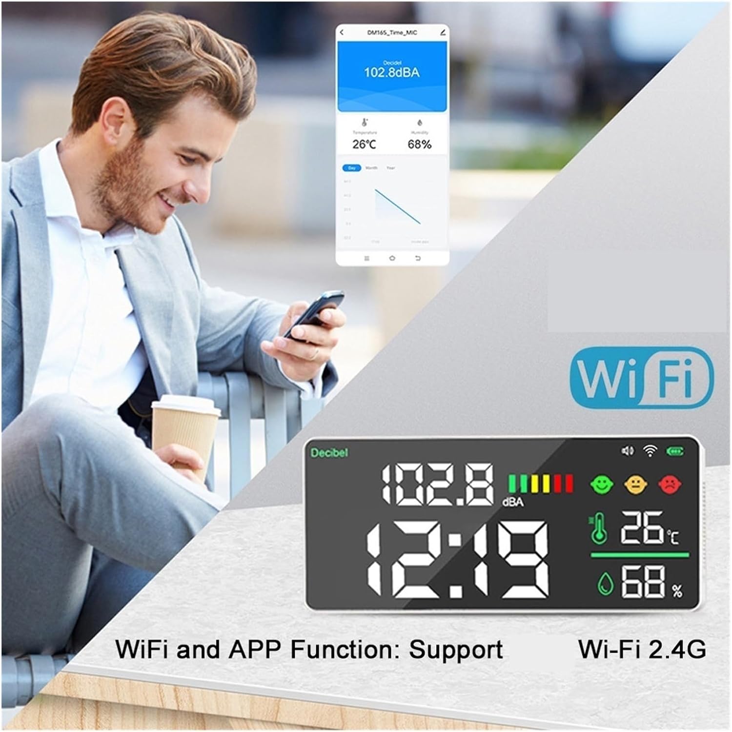 Decibel Meter 4 in 1 Temperature and Humidity Decibel Tester Alarm Clock 11-inch LED Color Display Control