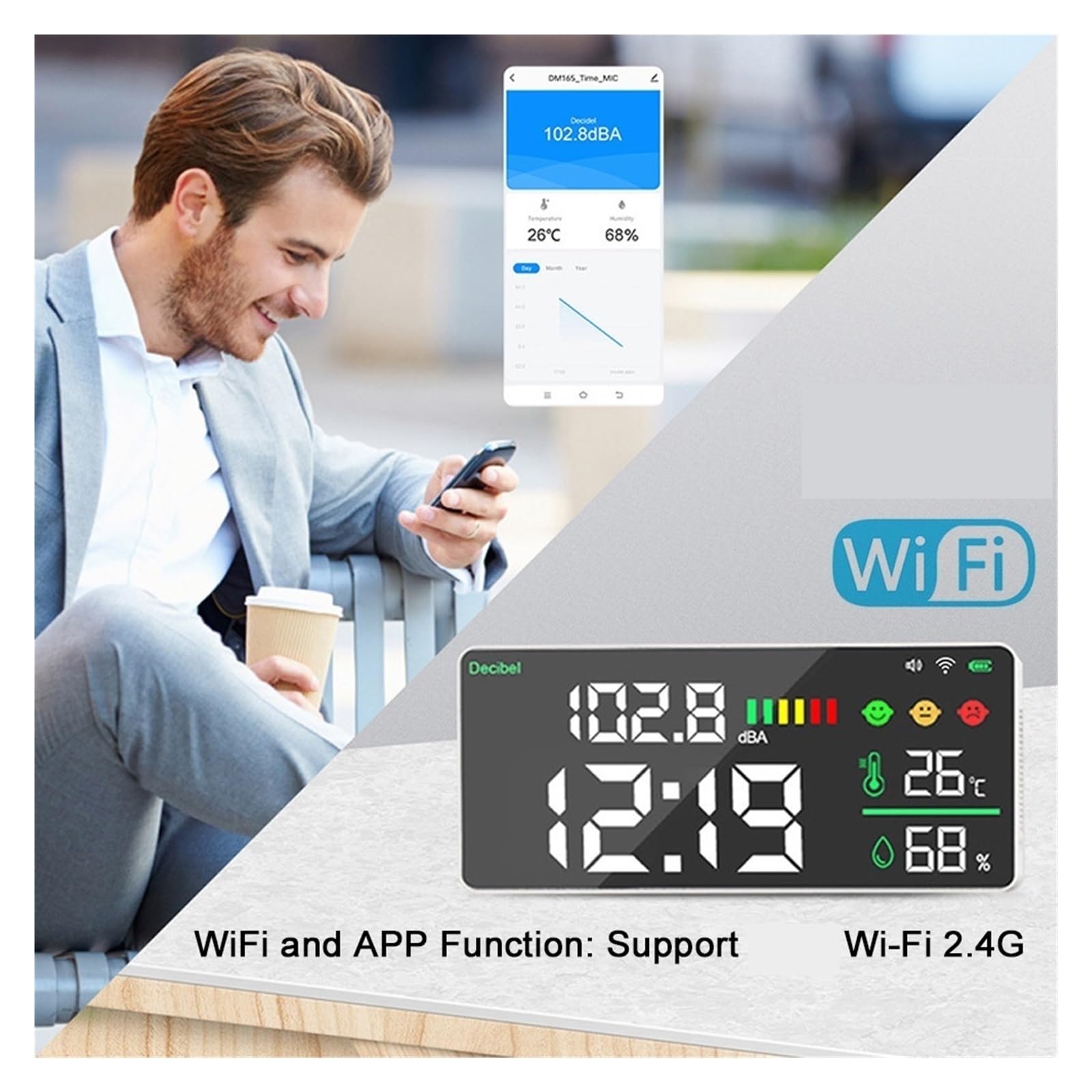 Misuratore di Decibel WiFi Misuratore di Decibel 4 in 1 Temperatura umidità Test Decibel Sveglia Display a Colori LED da 11 Pollici Controllo