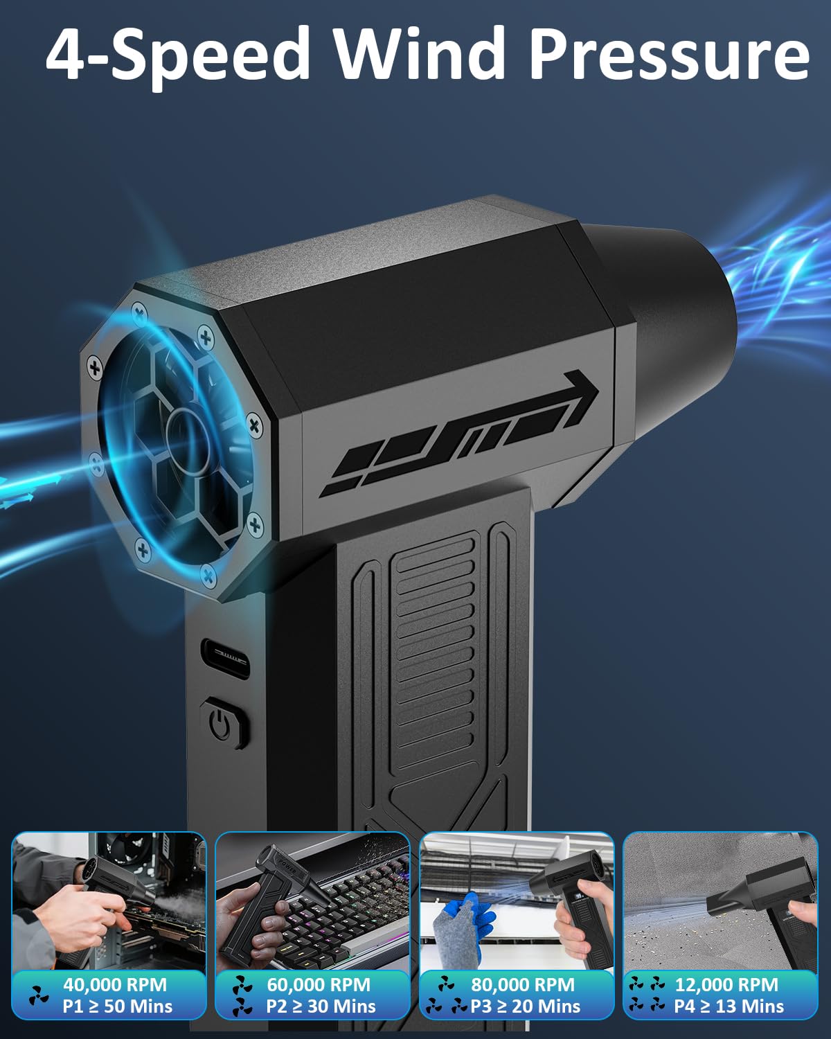 Souffleur Air Comprimé, 120000RPM Mini Souffleur Sans fil Puissant avec Lumière LED, 4 Vitesses Électrique Souffleur Batterie de Nettoyage PC pour, Clavier, Meubles et Voitures