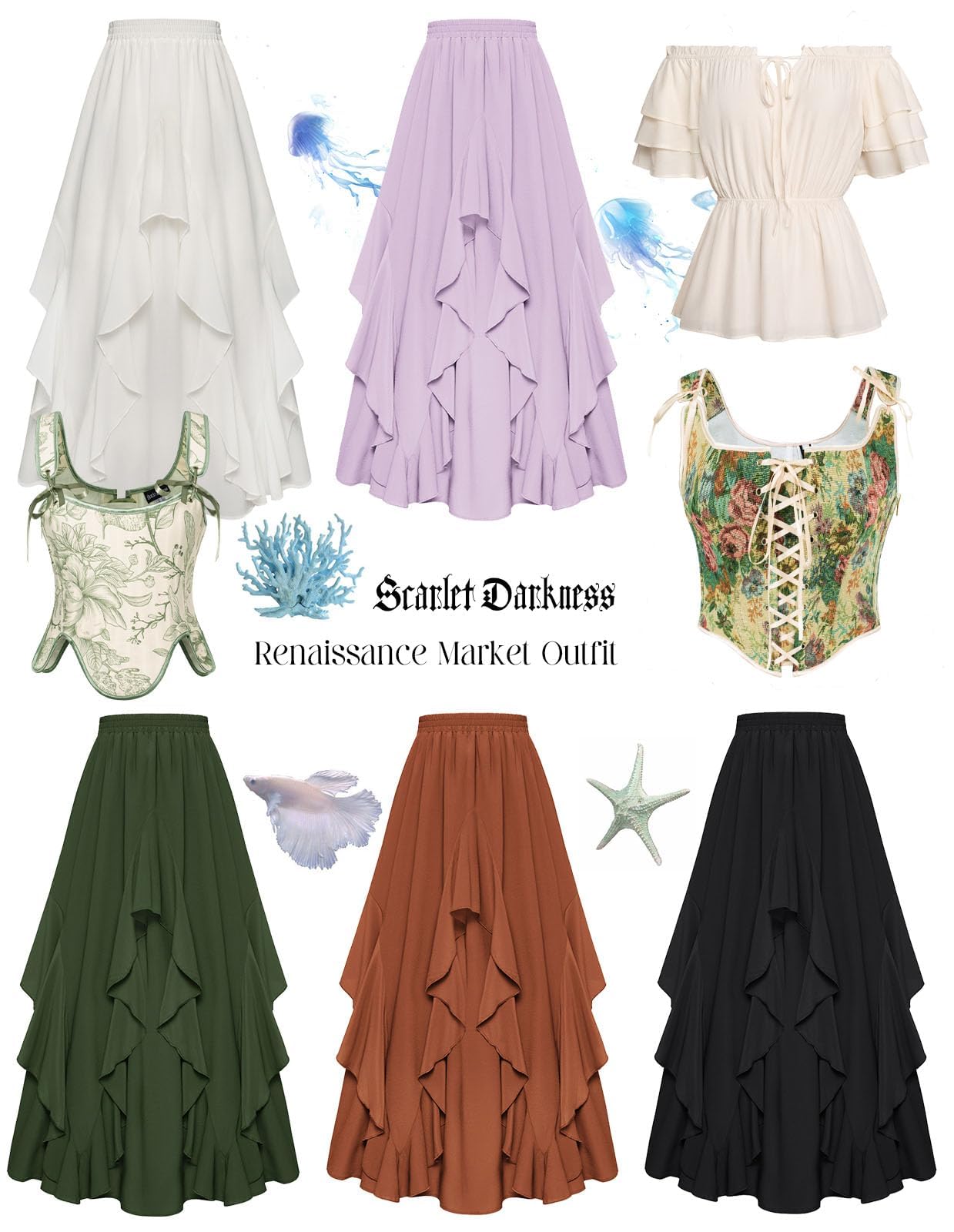 Scarlet Darkness Gonna lunga da donna con volant, fluida, rinascimentale, maxi