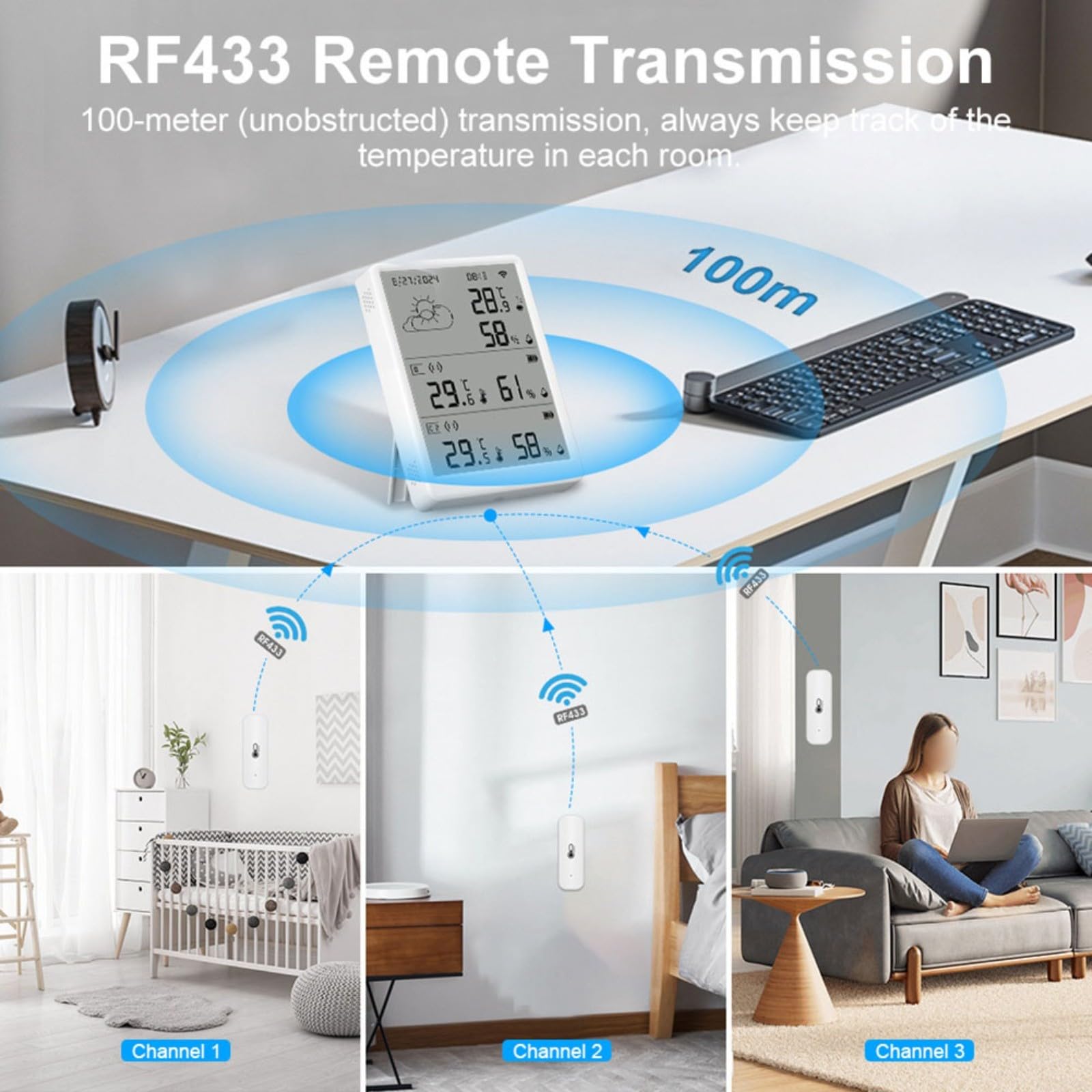 WiFi RF433 Sensore di umidità di temperatura con schermo LCD, stazione termometro igrometro intelligente per app Tuya, monitor remoto per casa serra cantina, portata 100 m, supporta per