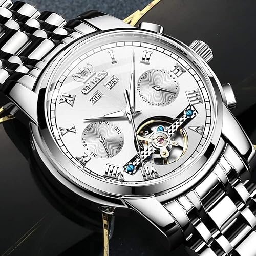 Miniatura 7 de OLEVS Reloj automático para hombre, cuerda automática, mecánica, de lujo, de acero inoxidable, multicalendario, impermeable, luminoso, reloj de