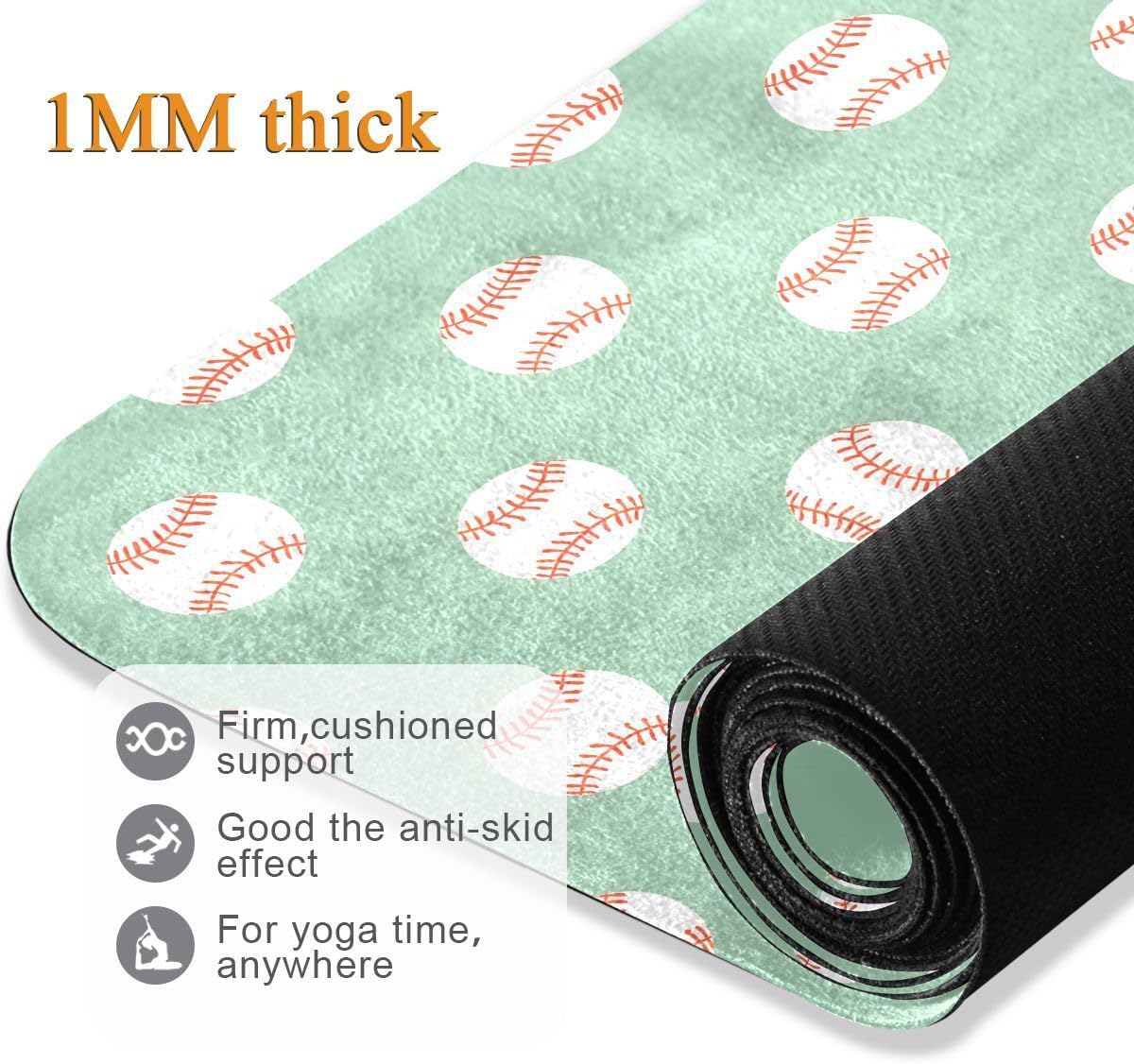 ALAZA Simple Baseballs on Mint Pattern Yoga Mat Non Slip Fitness Exercise Mat, Workout Mat for Yoga, Pilates and Floor Exercises