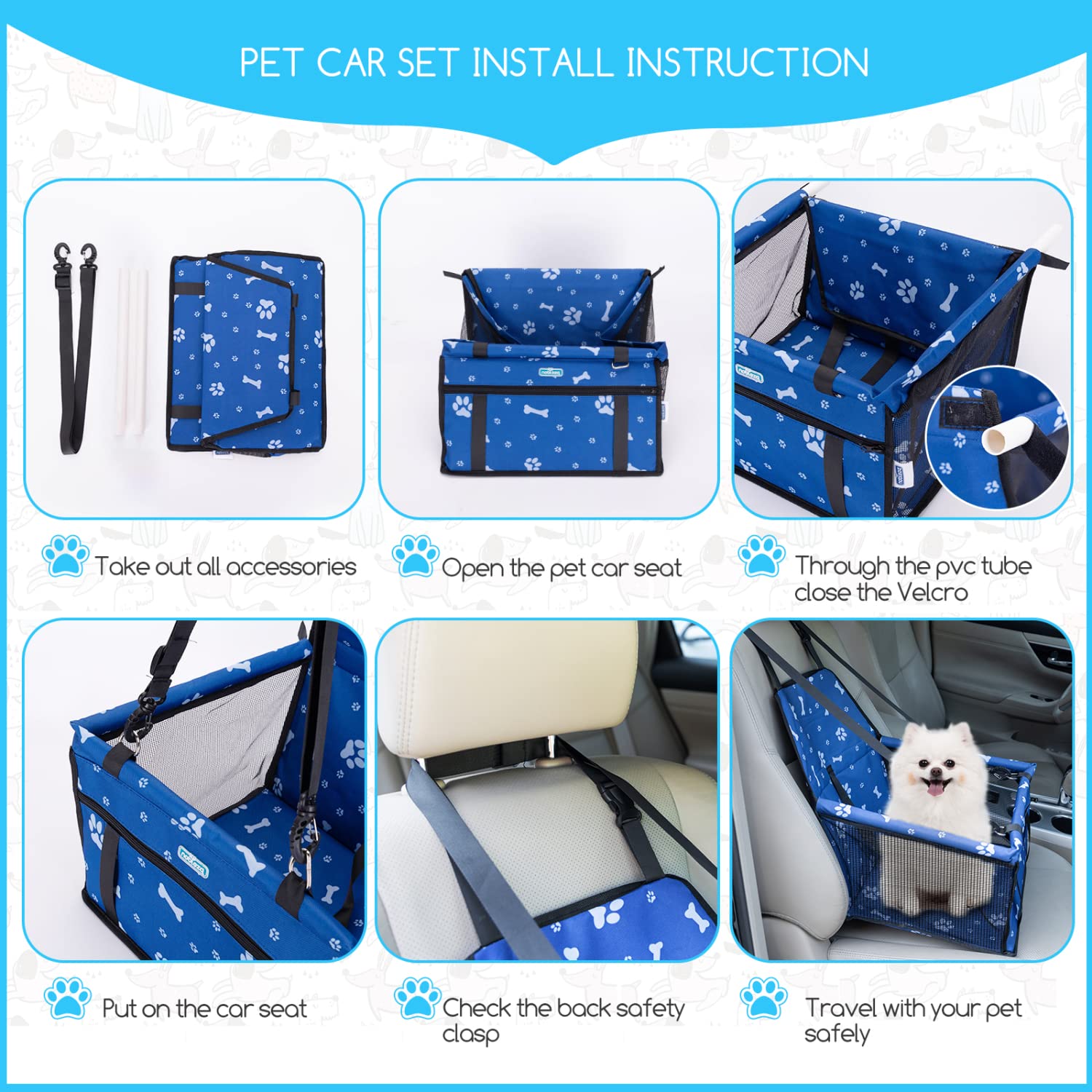 Nobleza Auto Hundesitz für Kleine Hunde & Katzen, Faltbarer Hundeautositz mit Sicherheitsgurt & Reißverschlusstasche, Wasserdicht & Atmungsaktiv, für Beifahrersitz & Rückbank, 40x34x25cm, Blau
