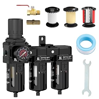 1/2" NPT 3-Stage Air Compressor Filter Regulator, with Brass Fiber Coalescing Filter, Air Water Separator with Pressure Gauge, Air Dryer System for Painting&Plasma Cutter &Pneumatic Tools