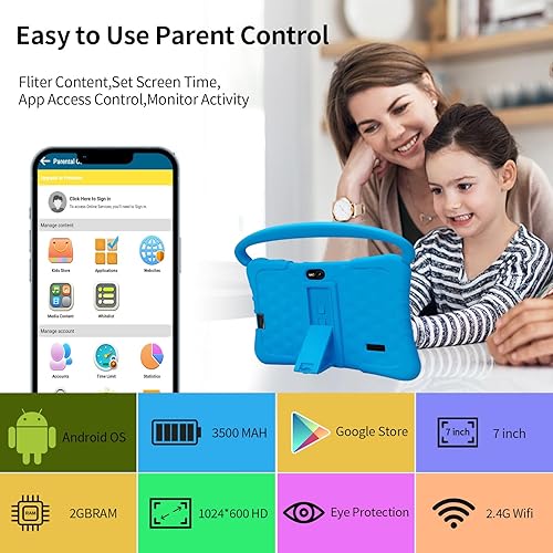 Miniatura 2 de Tableta infantil de 7 pulgadas con control parental de 32 GB, tabletas de 2 GB para niños de cuatro núcleos, preinstalada con funda para tablet,