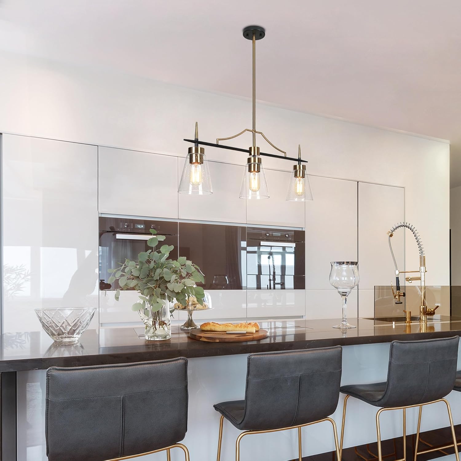 classy leaves Kitchen Island Lighting, Modern 3 Light Linear Chandelier with Seeded Glass Mid-Century Island Lights for Kitchen, Dining Room, Matte Black and Brass Finish