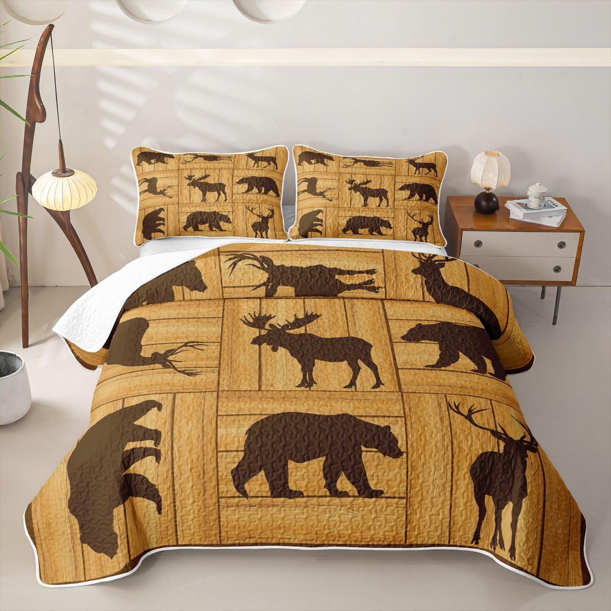 jejeloiu Western Quilt Set 3 Pieces King Size Cowboy Quilted Bedding for All Season Brown Cow Fur Print Kids Boys Girls Bedspread Farmhouse Coverlet Set with 2 Pillowcases