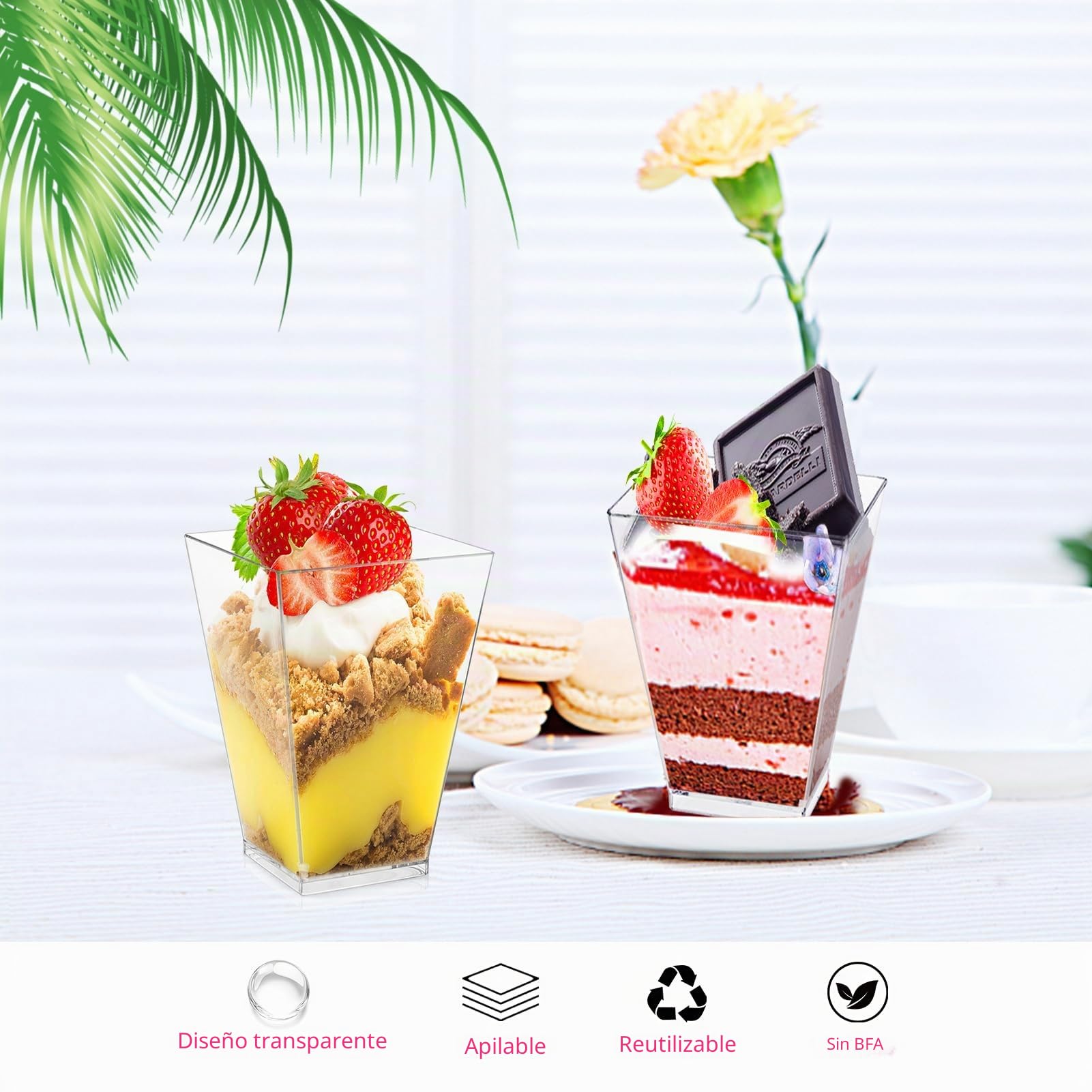 40 tazas de postre, con cucharas y tapa, vasos de postre de plástico de 160 ml, vasos de postre transparentes, reutilizables y cuadradas para el hogar, postres, mousse, helados