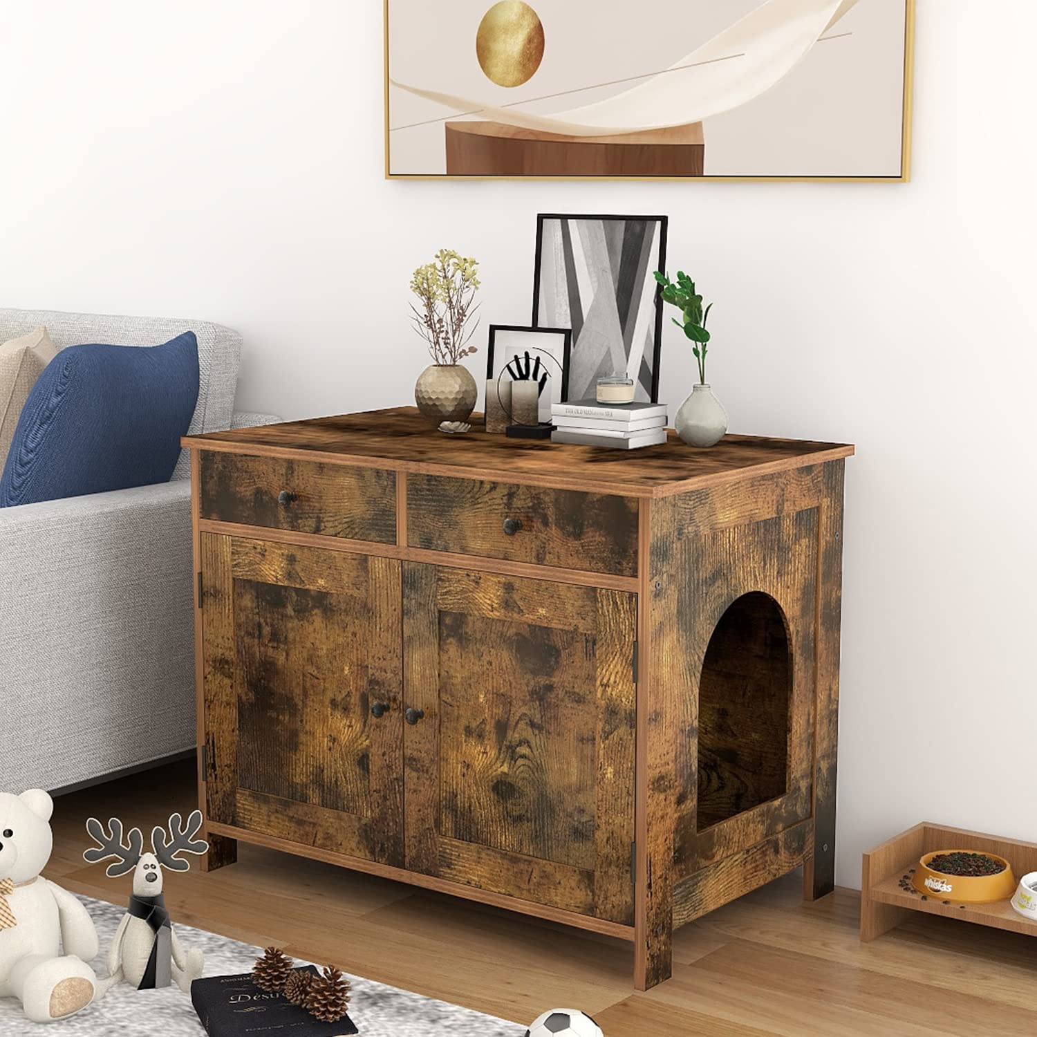 Buy Espelism Rustic Wooden Cat Litter Enclosure with Divider Drawers Arched Doorways