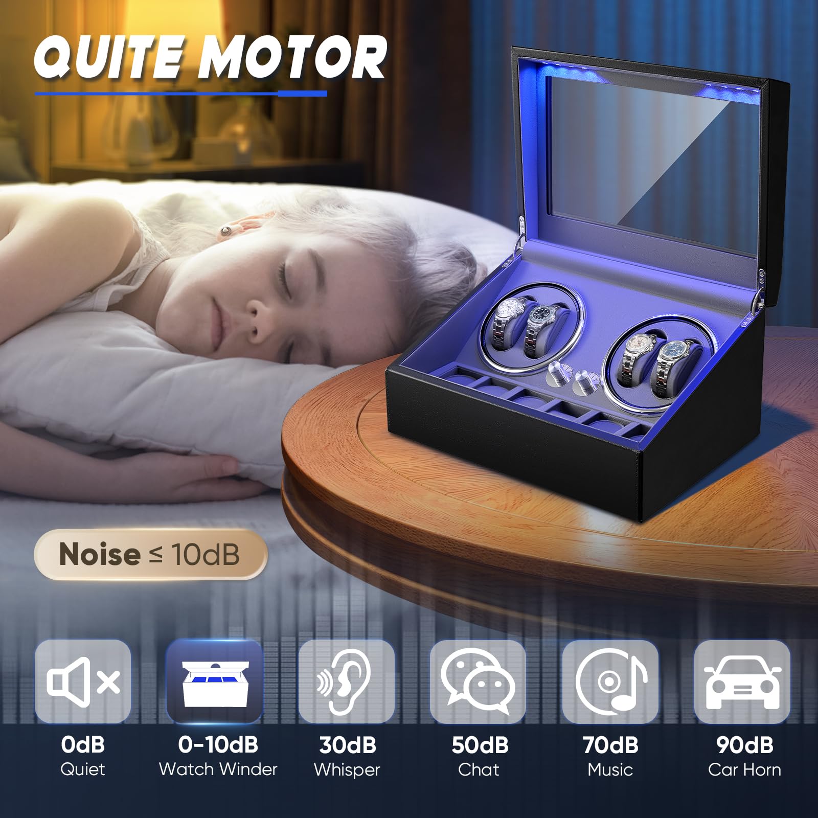 Remontoir de Montre Apparence Noire avec Intérieur en Daim Gris Foncé, Fonctionnement à 4 Vitesses, Lumière Ambiante, Moteur Silencieux <10 dB, Anti-Magnétisation