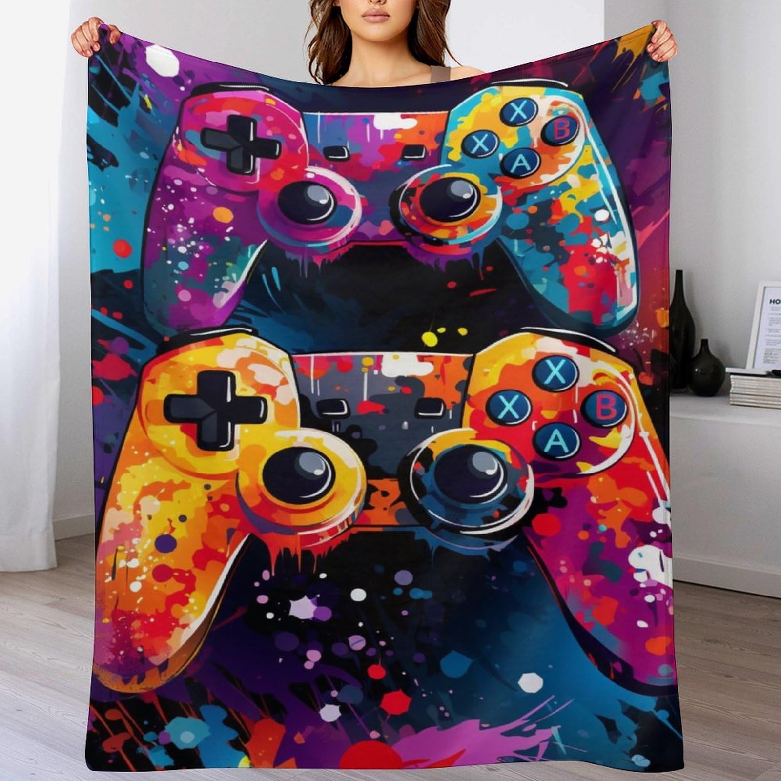Couverture lit manettes de jeu en cadeau ado, plaid canapé flannel chaud doux 130x150cm
