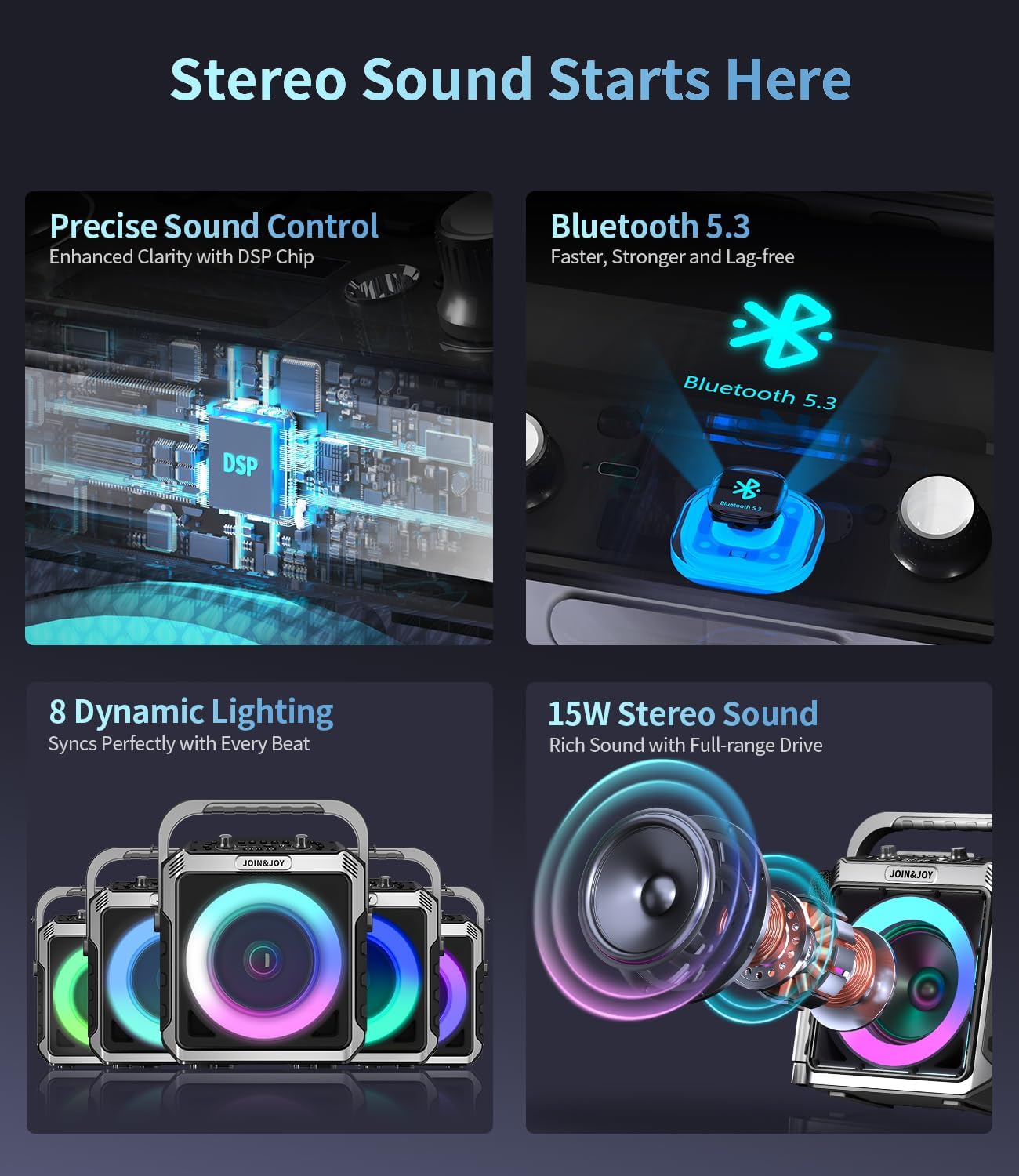 Portable Karaoke Machine, with Wireless Microphones, Bluetooth Party Speaker with LED Lights, Loud Subwoofer, USB/AUX, Outdoor Karaoke Speaker for Adults & Kids, Home & Party - Image 3