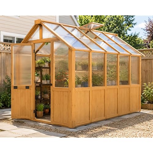 EROMMY 6x10 FT Wooden Greenhouse for Outdoors, Walk-in Greenhouse Kit with 4mm Polycarbonate Panels, Adjustable Roof Vent, Lockable Door, Backyard Greenhouse for Plants and Vegetables