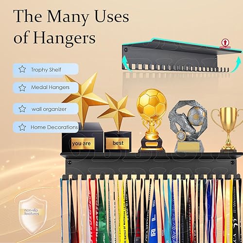Miniatura 5 de Percha de medallas de metal, estante antideslizante para trofeos con 20 ganchos, montaje en pared, resistente, no doblado, soporta 22-33 libras,