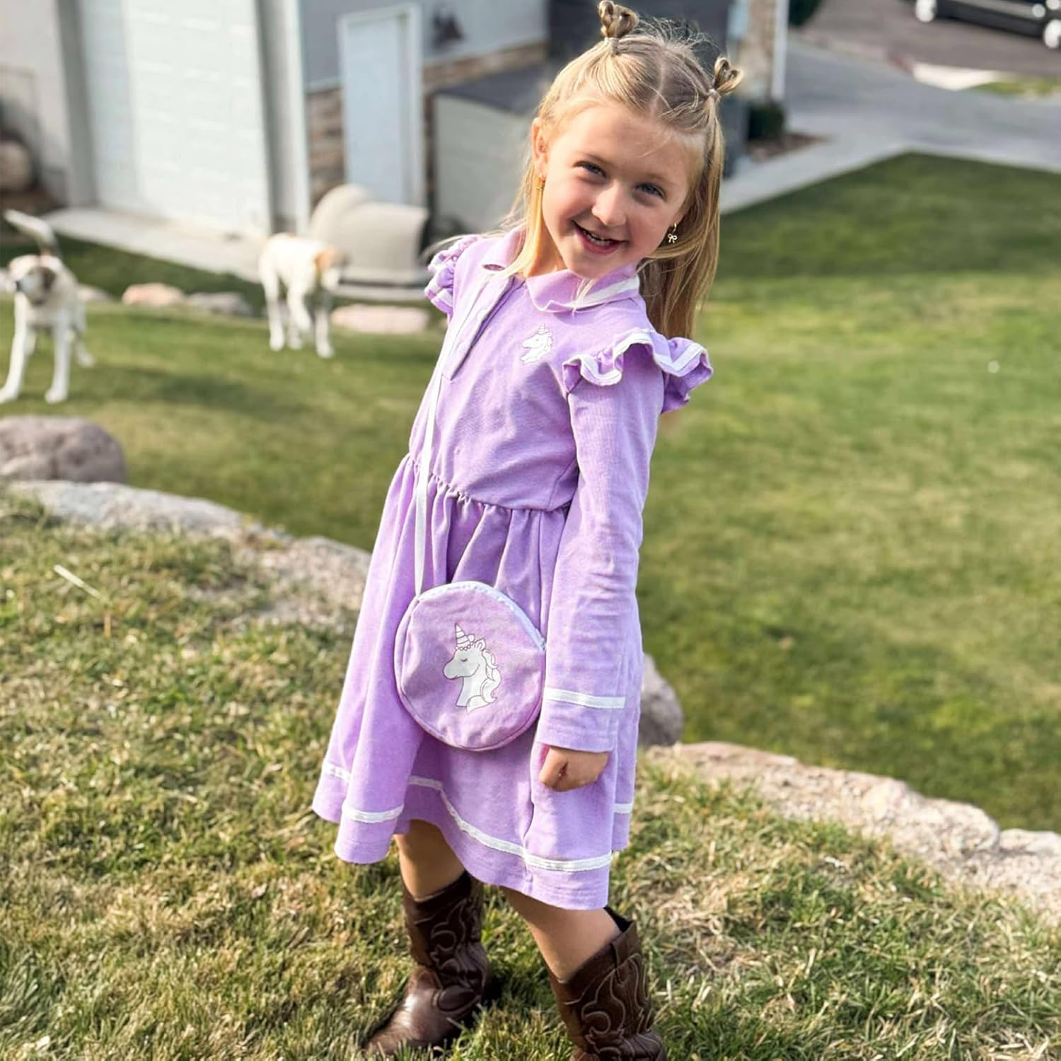 Girls Long Sleeve Polo Dress Toddler School Uniform Causal Dresses with Shoulder Bag 3-8Y - Image 6