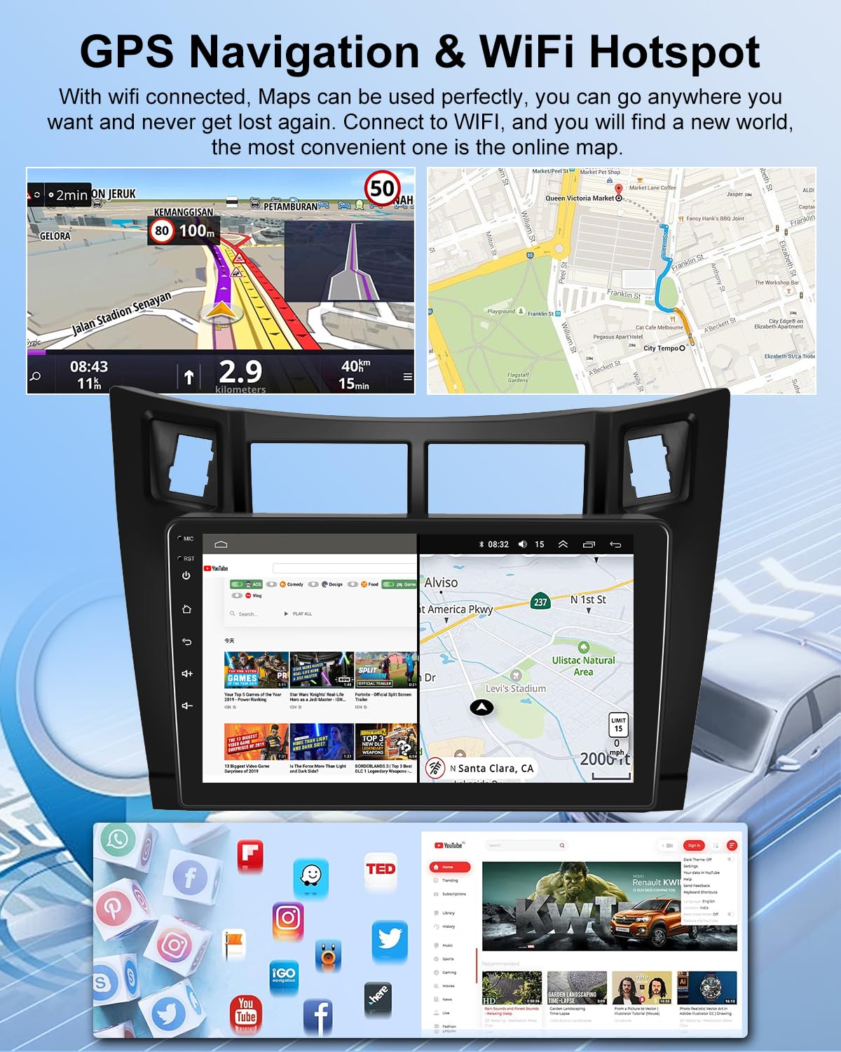 NHOPEEW 2G+64G Android Autoradio per Toyota Yaris 2005-2011 - Senza fili Carplay e Android Auto - 9 pollici Stereo con WiFi GPS FM RDS + Telecamera posteriore&Mic