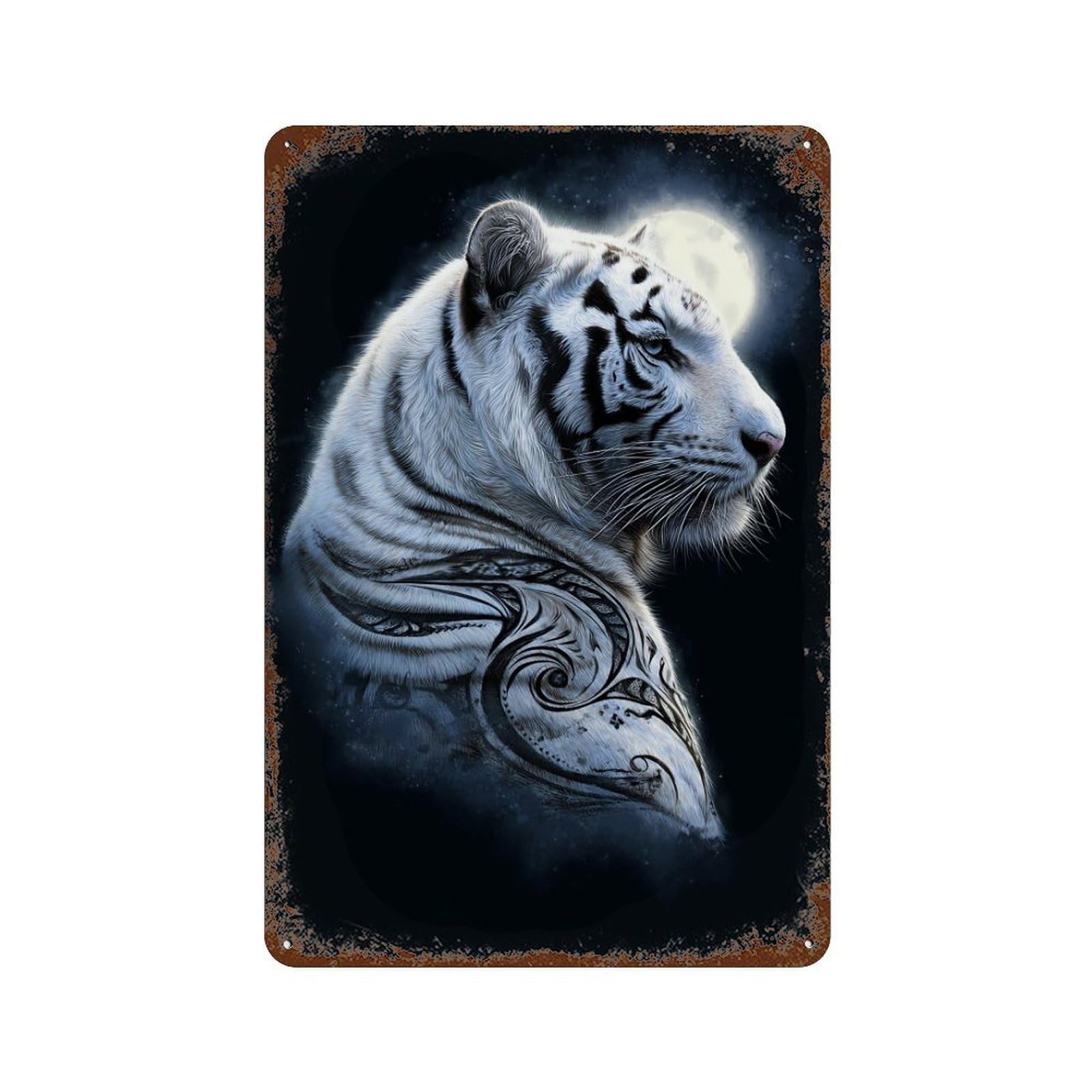 Garage Style White Tiger Moon Art Print Vintage Rust Metal Sign 11.8"x7.9", Industrial Home Decor for Bar And Workshop