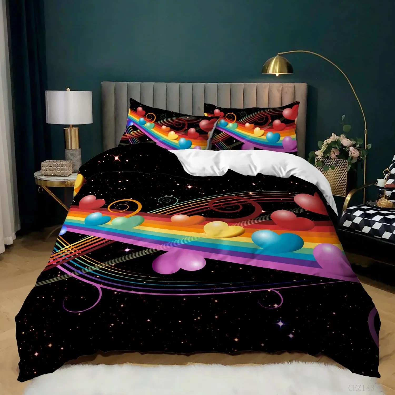 Linge de lit enfant motif rayures arc-en-ciel housse de couette esthétique