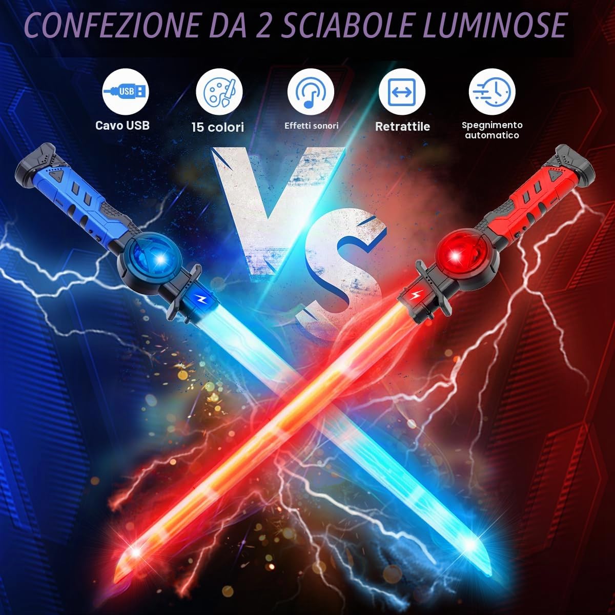 VATOS 2PCS Spade Luminose Ricaricabili per Bambini, 15 Colori Variabili con Effetti Sonori di Combattimento, Giocattolo di Spada Luminosa LED Retrattile 2 in 1 per Cosplay, Feste su Samurai