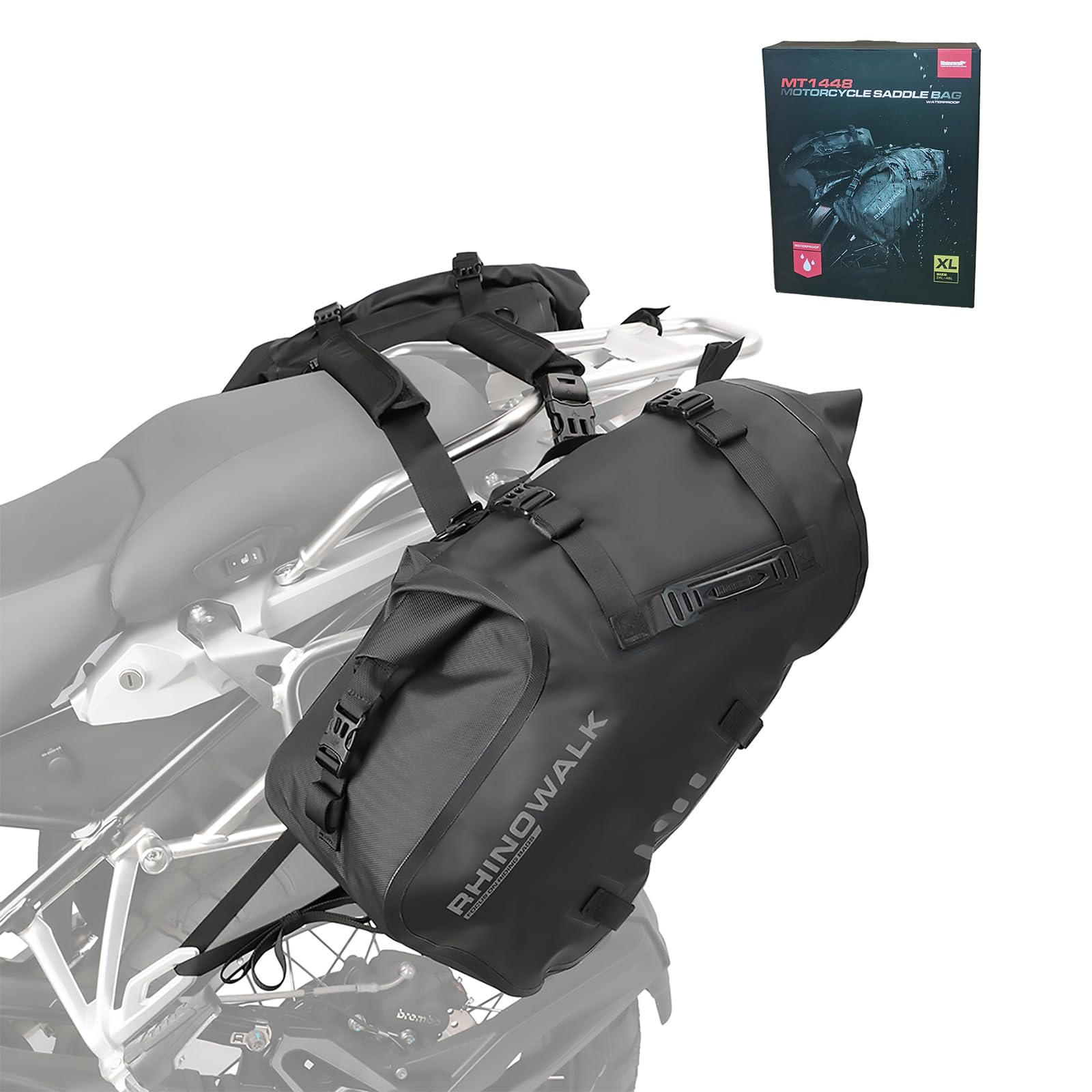 Rhinowalk Borse da sella moto impermeabili 48L, borse laterali (1 paio) | Morbido bagaglio laterale in PVC 500D, con fibbie regolabili, contenitore pieghevole, superficie facile da pulire