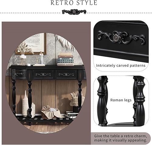 Miniatura 72 de Polibi Mesa consola curvada retro con estante de estilo abierto y 4 cajones superiores, mesa de entrada de media luna de 52 pulgadas de ancho con