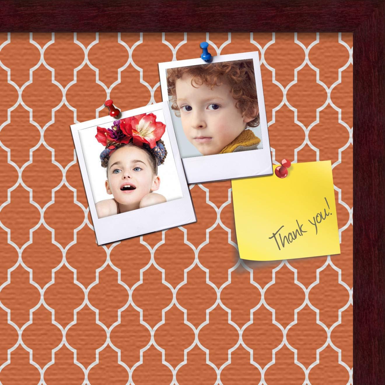 ArtToFrames 20x16 Custom Cork Bulletin Board. This Quatrefoil Orange Pin Board Has a Fabric Style Canvas Finish, Framed in Mahogany (PinPix-328-20x16_FRBW26039)