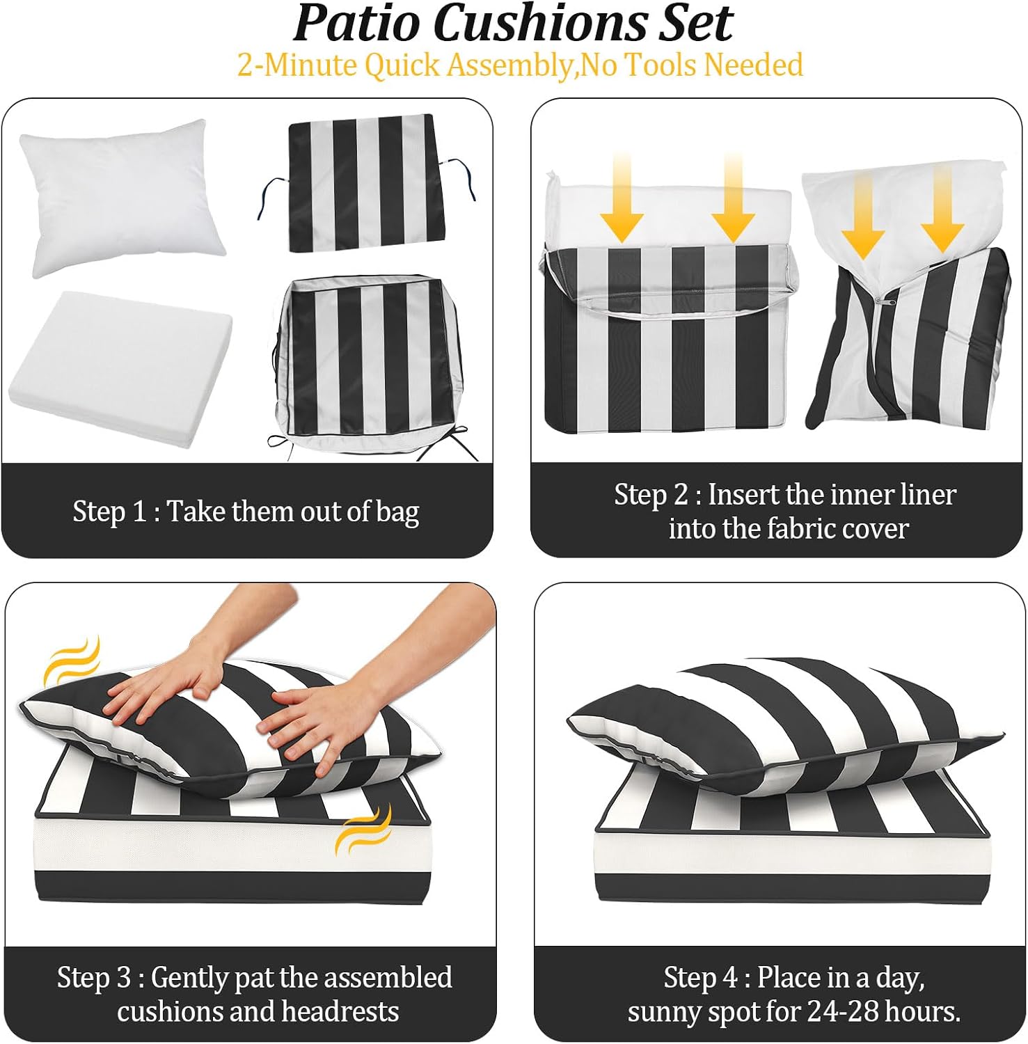 28.5x28.5“ Outdoor Deep Seat Cushions Set of 4, Patio Replacement Foam Cushions for Outside Furniture, Waterproof & Fade Resistant Patio Chair Pads, Compatible 28x28”,27x27“Black Stripes