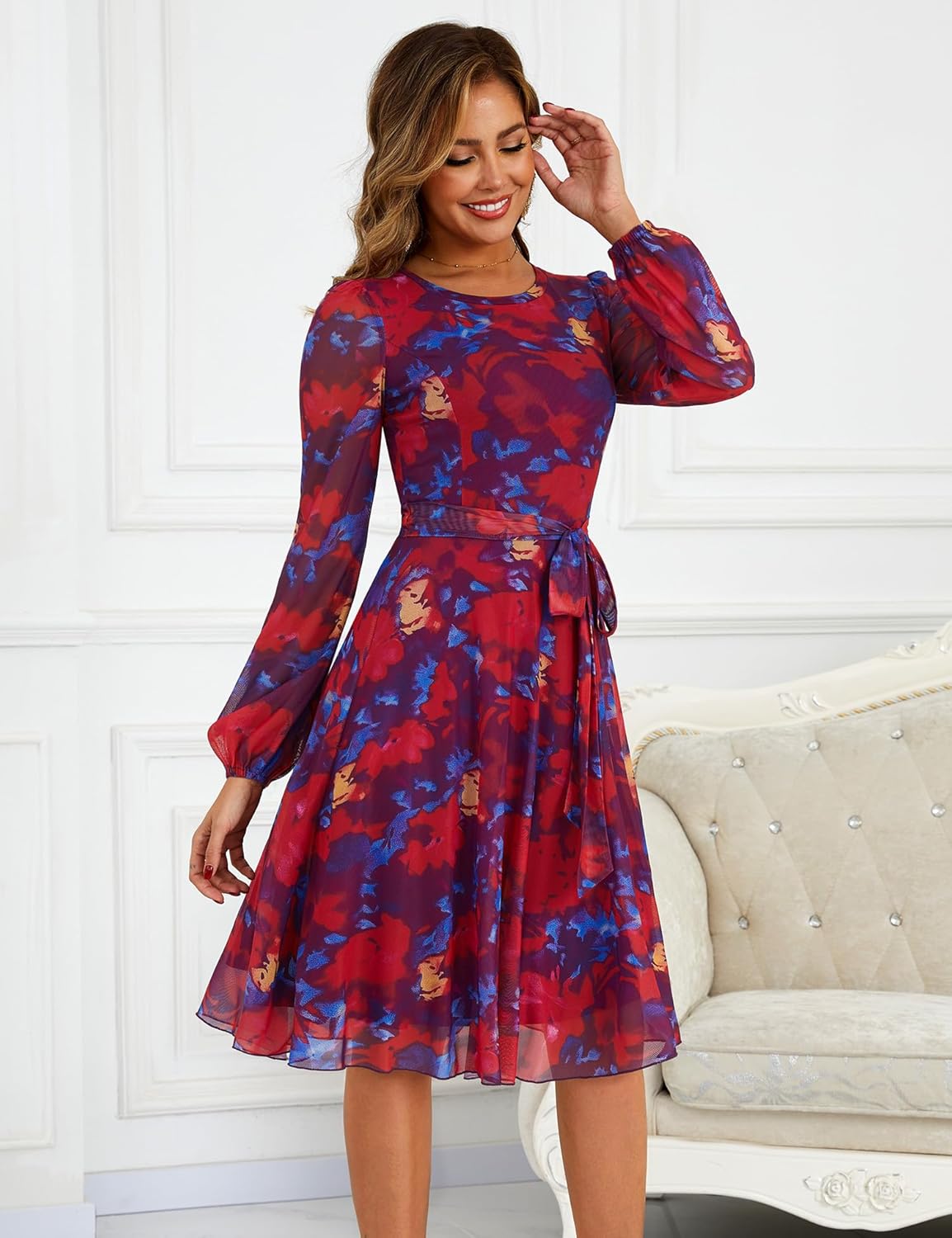 Zattcas Women's 2026 Spring Mesh Long Sleeve Floral Midi Dress Crew Neck A Line Flowy Cocktail Party Wedding Guest Dress - Image 3