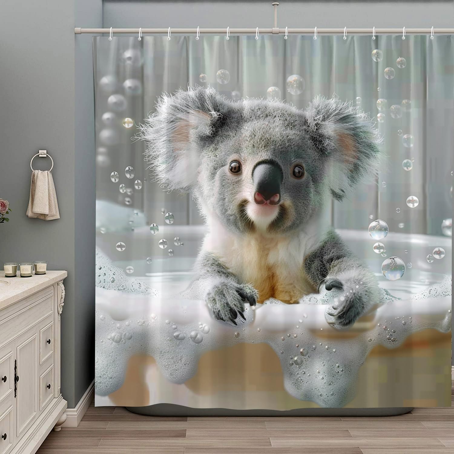 Funny Koala Shower Curtain Koala in The Bathtub Bath Bubbles Wildlife Animals Polyester Fabric Bathroom Decor Set with Hooks 70Wx90H Inch