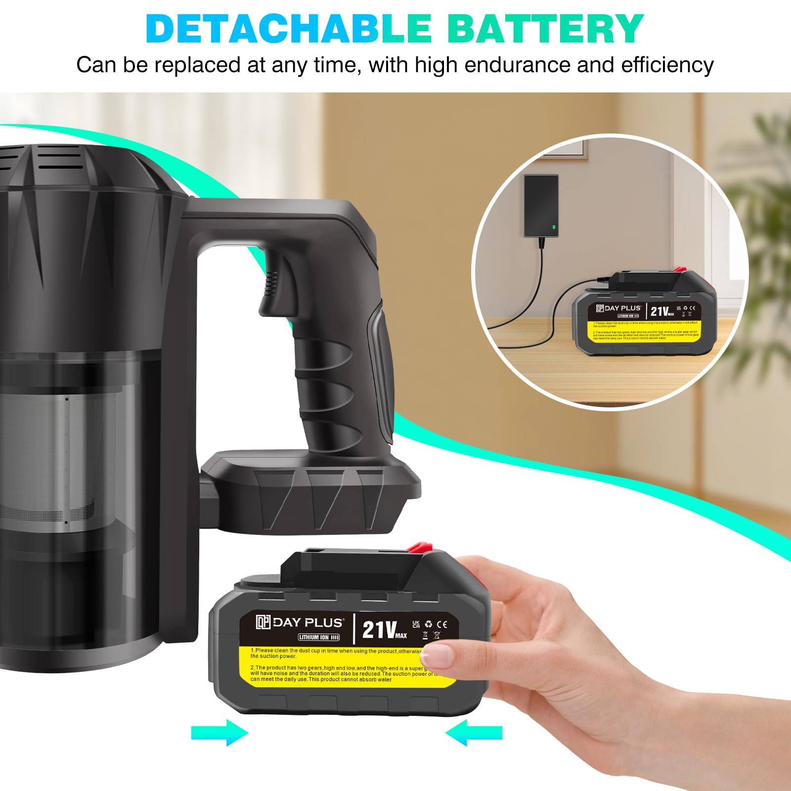 Aspiradora con batería de 500 W con 2 baterías de 3,0 Ah, 15000 Pa/65 min, motor sin escobillas, ligero, filtro HEPA, cepillo giratorio para suelo, aspiradora inalámbrica para suelos duros, alfombras