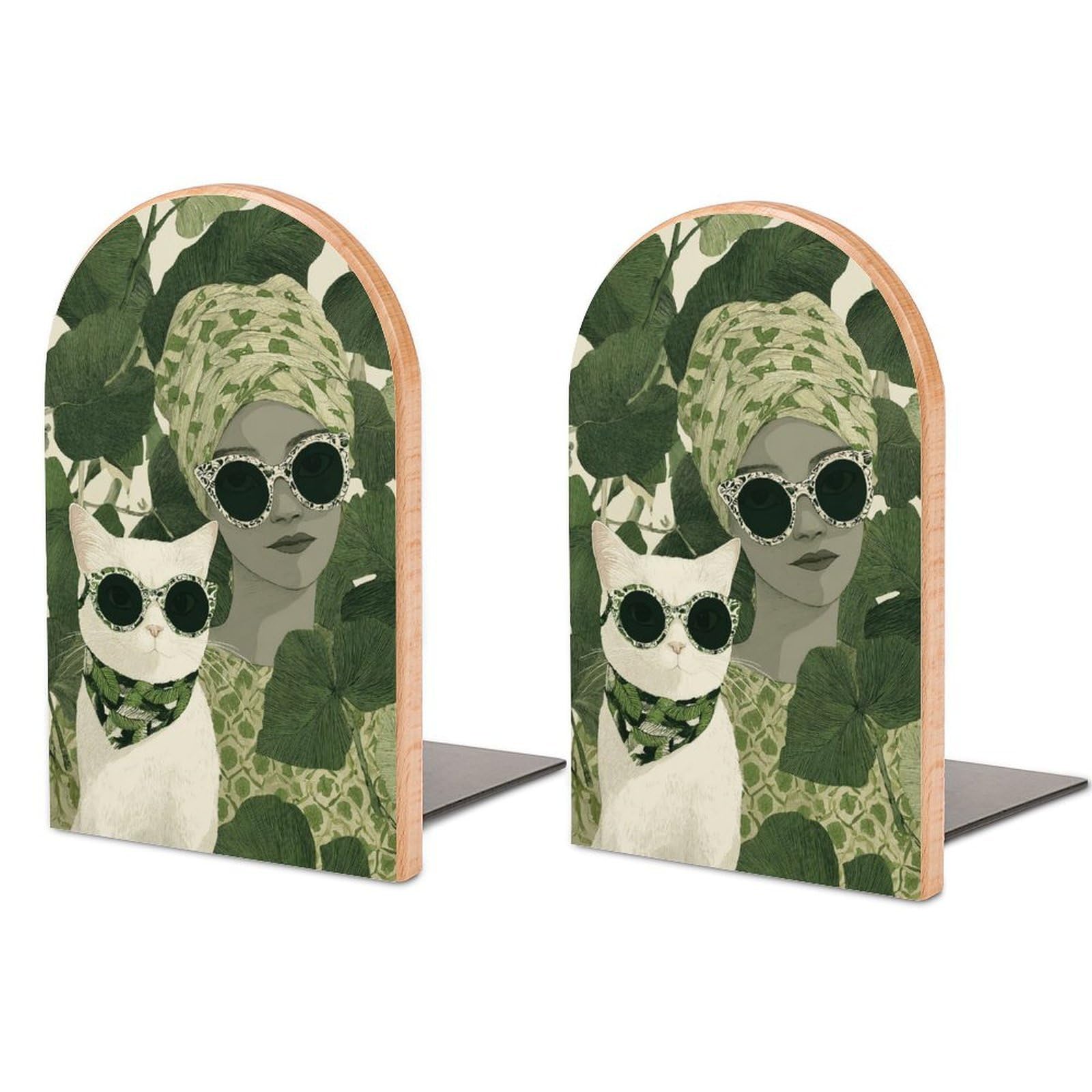 Woman Cat Wearing Sunglasses Green Leaves Wooden Bookends Shelves 2 PCS Sturdy Book Holders Desktop Organizer for Home Office Libraries
