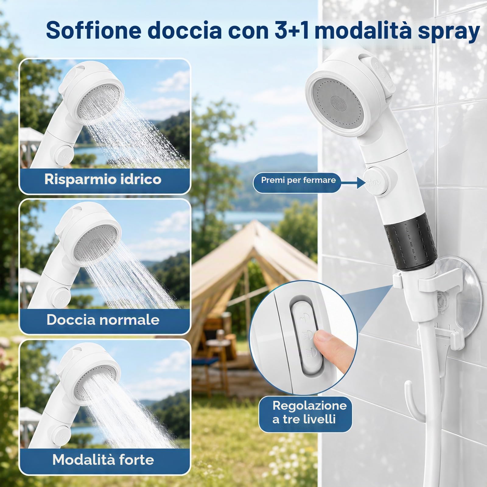 Doccia da campeggio portatile con riscaldamento, secchio da 20L & bollitore sommergibile, doccia da campeggio ricaricabile con pompa da 5200mAh, soffione a 3 modalità con arresto dell'acqua, IPX7